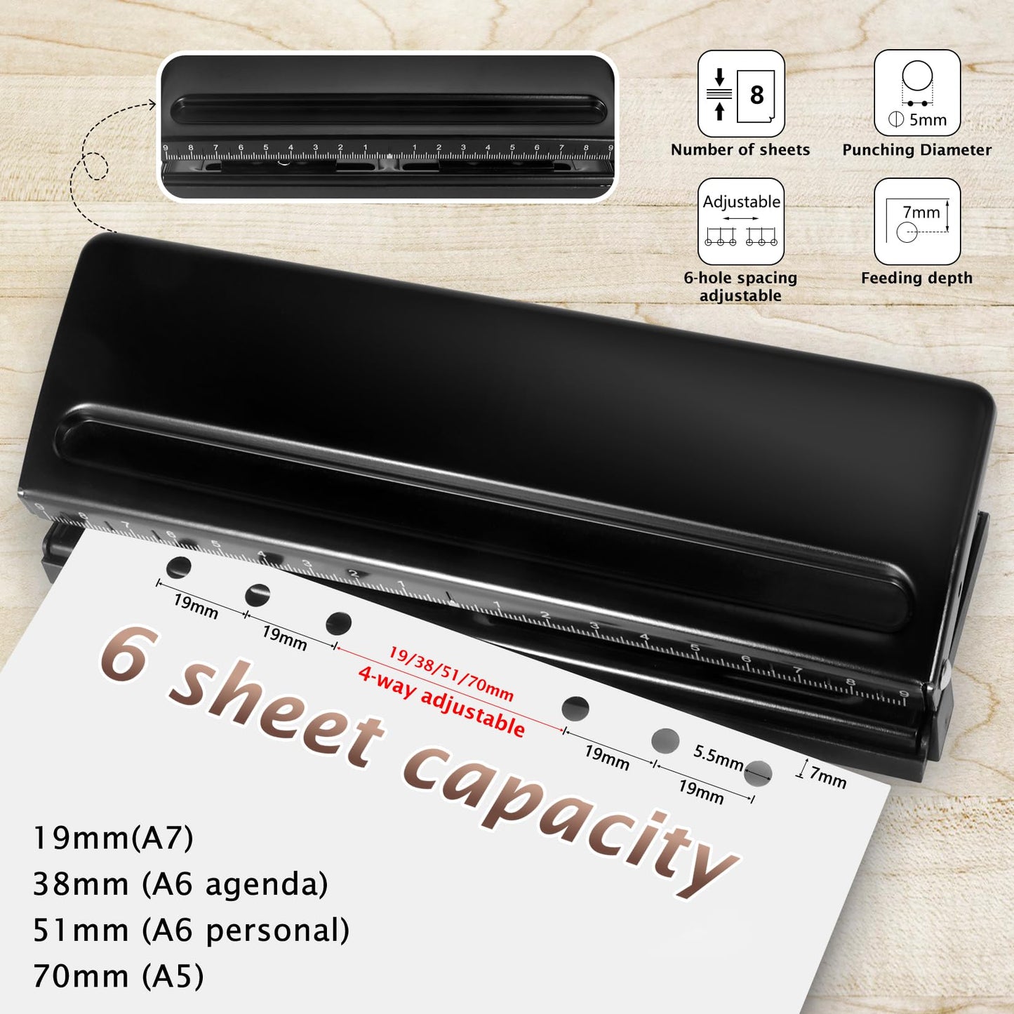 All Metal Adjustable 6-Hole Paper Puncher, A5 A6 A7 6 Ring Punch with Positioning Mark, 6 Sheet Capacities Puncher for Dairy Planner, Personal, Agenda, Binder Refill Pages (Black)