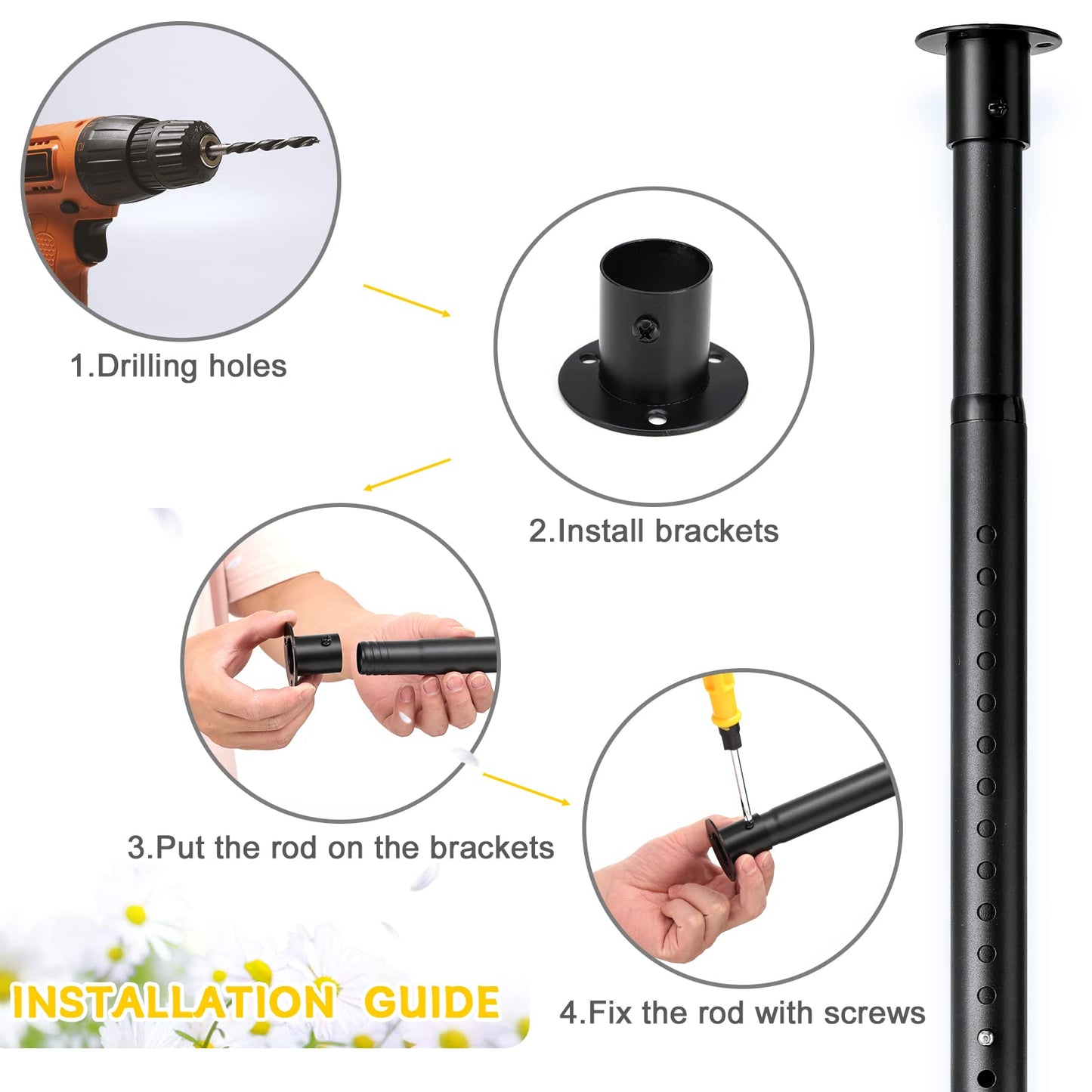 Closet Rod, 17 to 55 Inch Adjustable Closet Rods for Hanging Clothes Heavy Duty Closet Hanging Rod Metal Black Closet Poles for Wardrobes