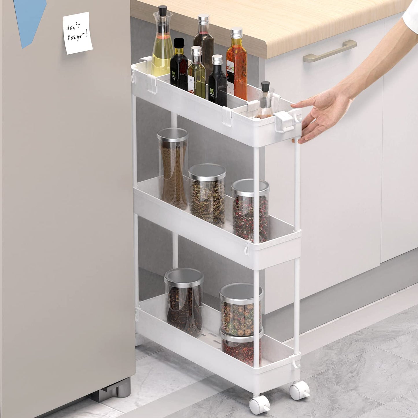 SPACELEAD Slim Storage Cart,3 Tier Bathroom Rolling Utility Cart Storage Organizer Slide Out Cart, Mobile Shelving Unit Organizer Trolley for Office Bathroom Kitchen Laundry Room Narrow Places, White