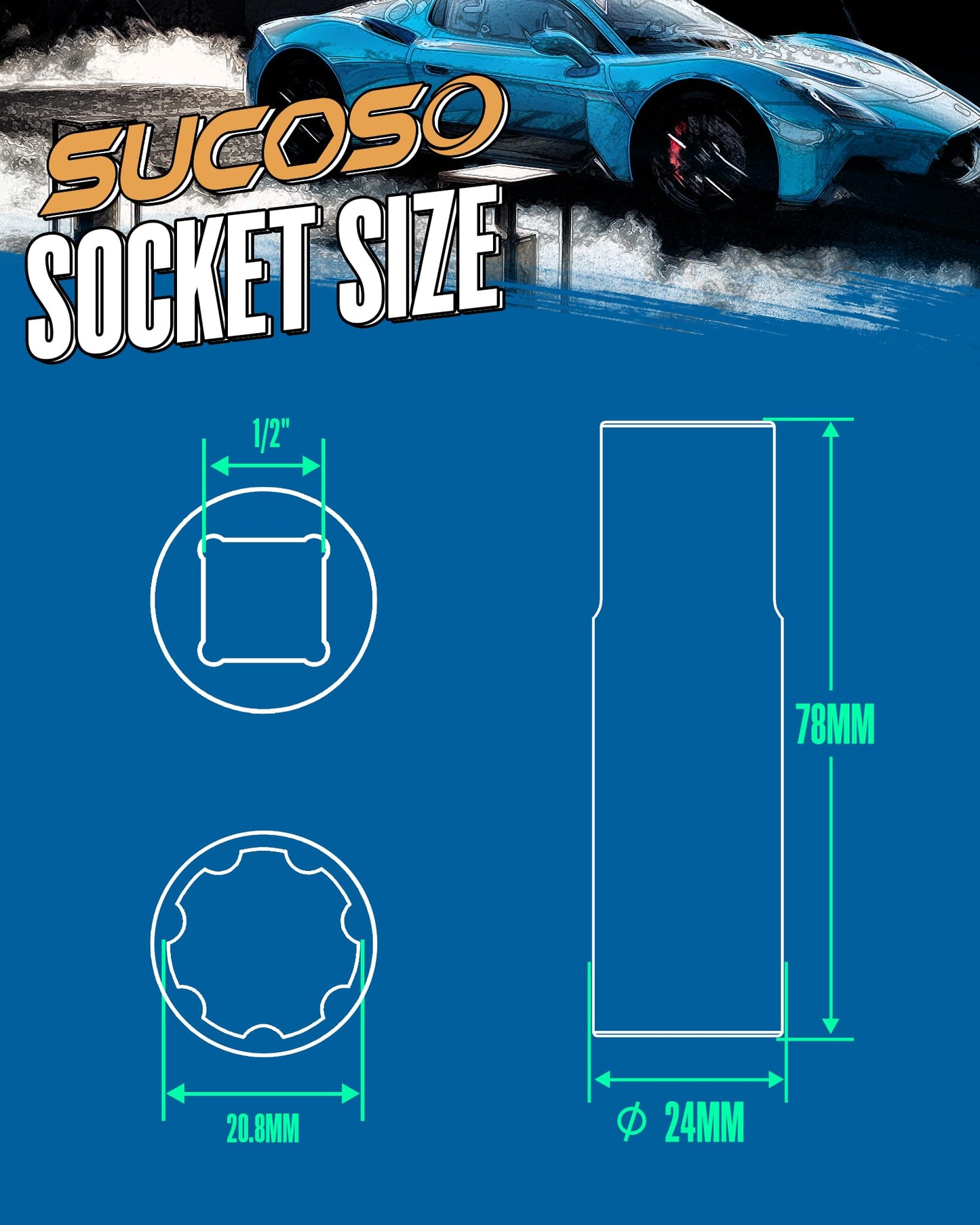 7 Spline Lug Nut Key, 1/2" Drive Impact Socket Fit for M14x1.5 M14x2.0 9/16-18 Aftermarket Lugnuts, Thin Walled Design Spline Socket for Easy Removal or Install Truck Nuts, CR-MO Steel