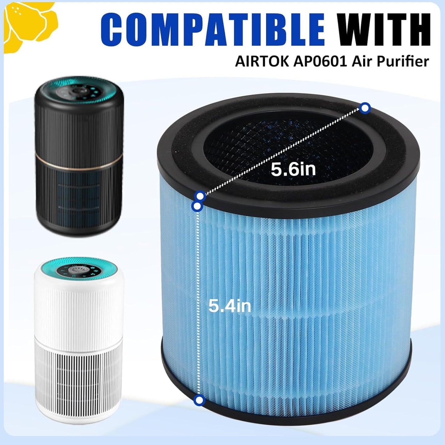 2 Pack AP0601 Replacement Filters Compatible with AIRTOK Air Purifier, Part # AP0601-RF, 4-in-1 H13 True HEPA Filters, High-Efficiency Activated Carbon Filter With 10* Aroma Pads