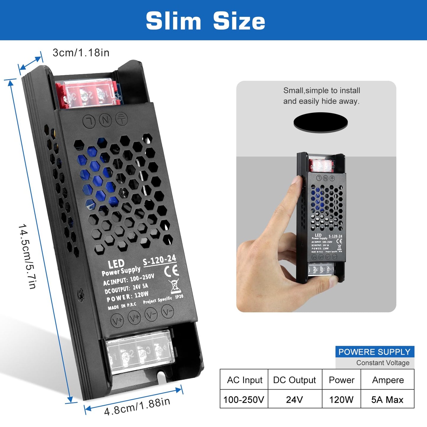 PZETCEIR LED Driver 24V 120W 5A Slim LED Power Supply, AC 110V to 24V DC Adapter, Constant Voltage LED Transformer for Strip Lights, Bulbs, Garden and Cabinet Lights