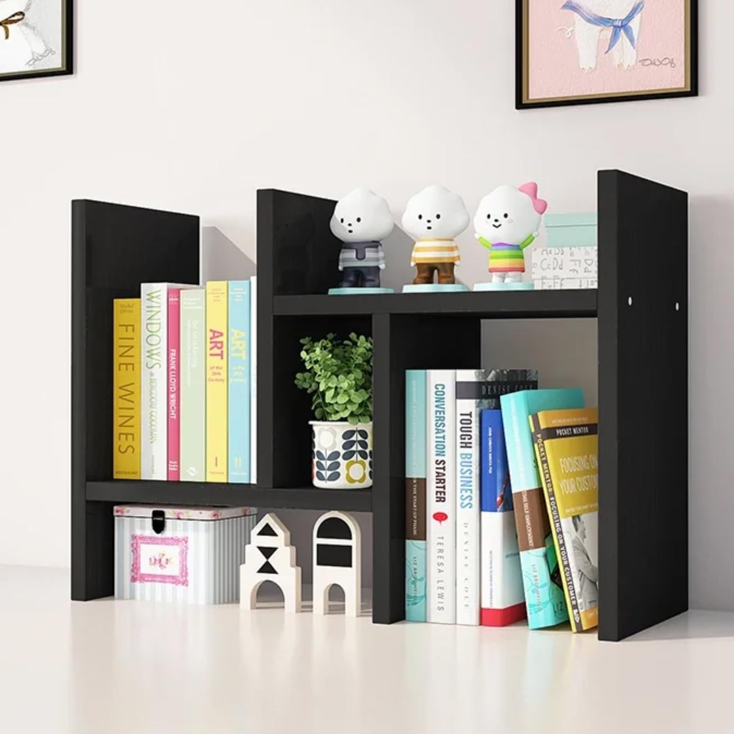 PowerKing Wood Desktop Organizer, Adjustable Desktop Bookshelf Display Shelf Rack for Home Office Desktop Storage Supplies Organization (Black)