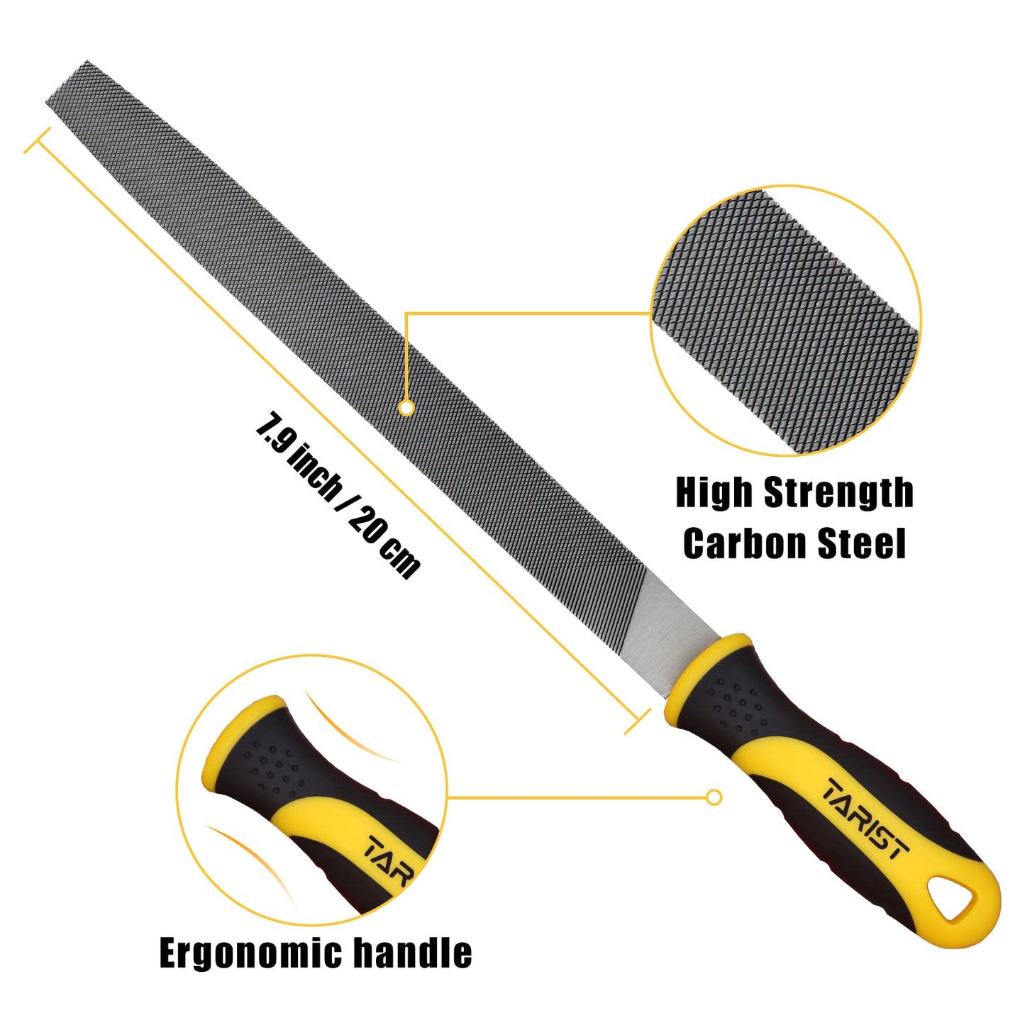TARIST Metal File Set, 3-Piece, 8-inch,Professional Carbon Steel, Includes Flat/Half-Round/Round,Work for Metal, Wood and More