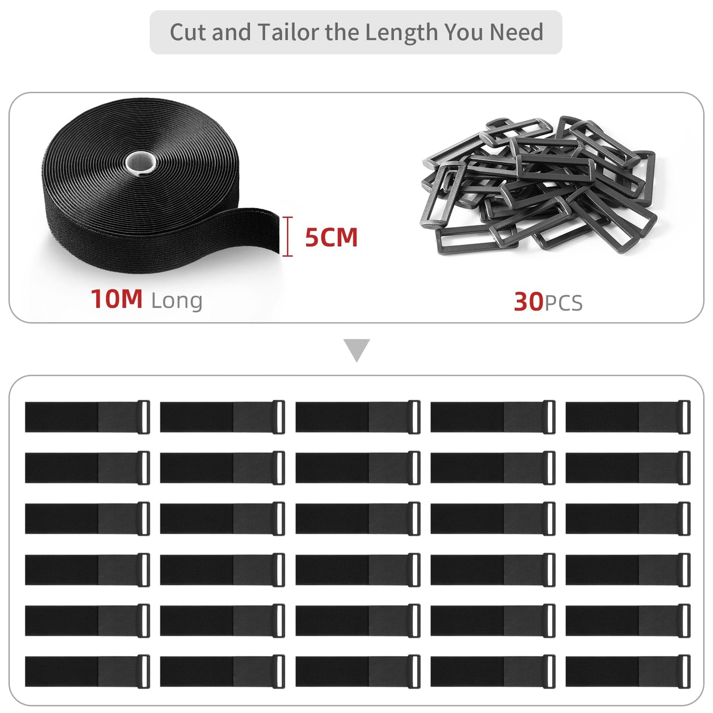 Trilancer 10M x 5CM Heavy Duty Hook and Loop Straps with 30 Buckles – Adjustable, Cut-to-Length, Reusable Cinch Straps for Securing Cables, Hoses, Pipes, and More