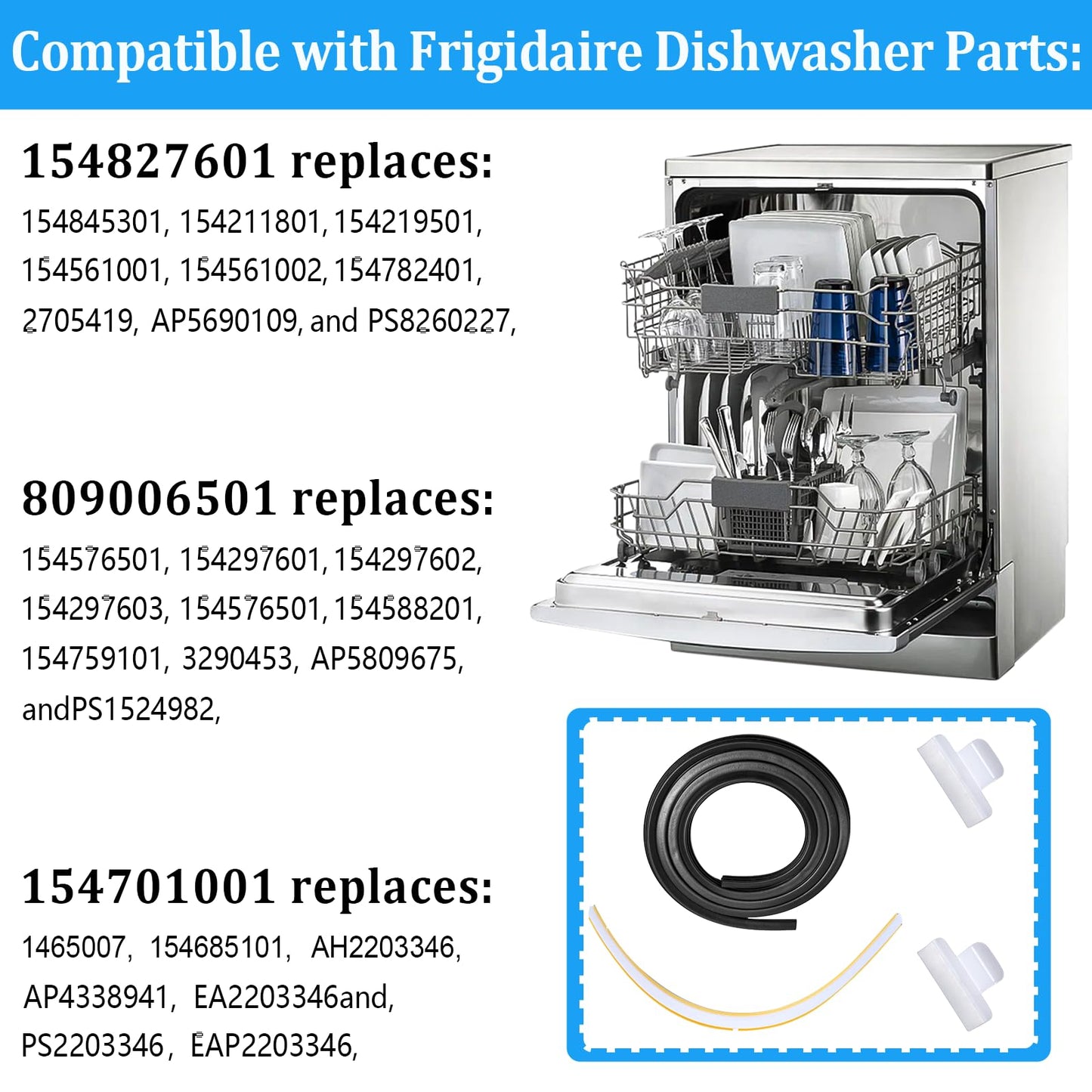 154827601 Dishwasher Door Seal, 809006501 Lower Seal and 154701001 Splash Shield Kit - Dishwasher Bottom Door Gasket Kit Compatible with Frigidaire Kenmore