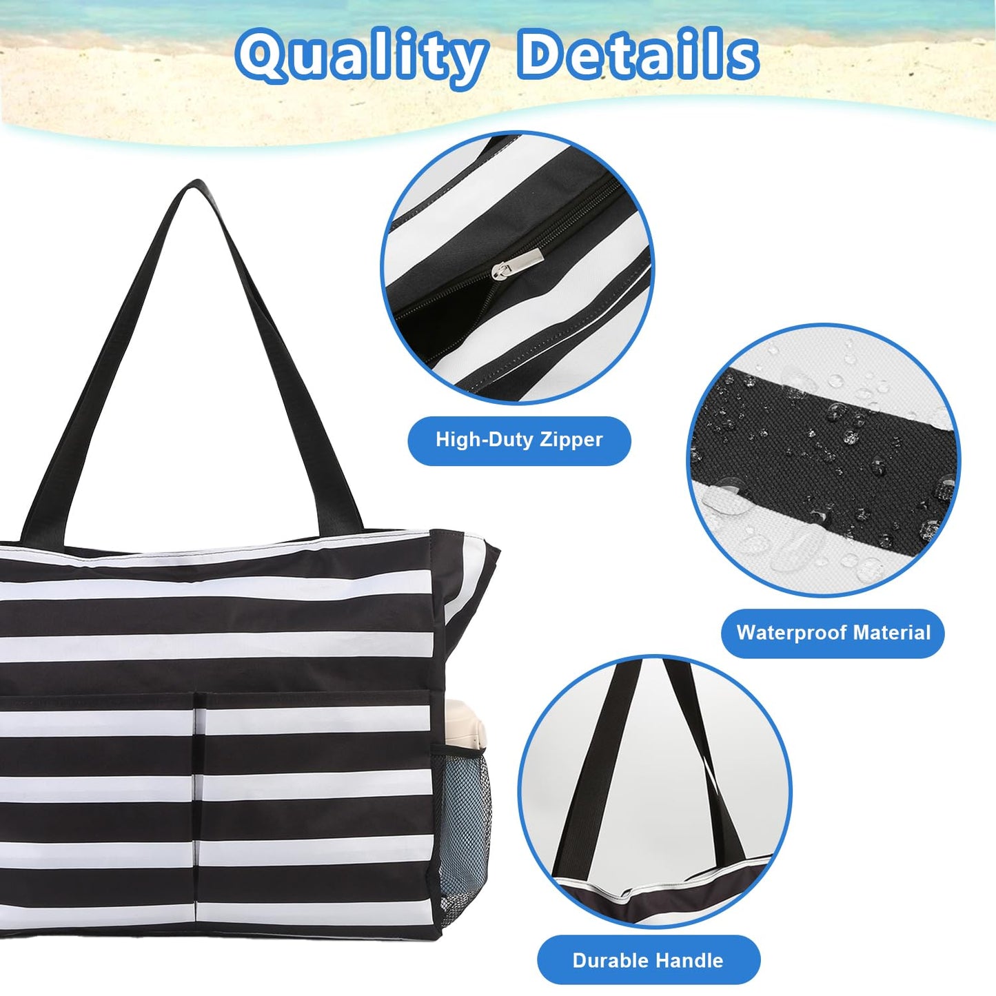 TAHAVICE Extra Large Beach Tote Bag for Women, Water-resistant Tote Bag with Zipper Multi-function Pockets Reusable Shopping Shoulder Bag,Sandproof Swim Pool Bag,travel vacation essentials