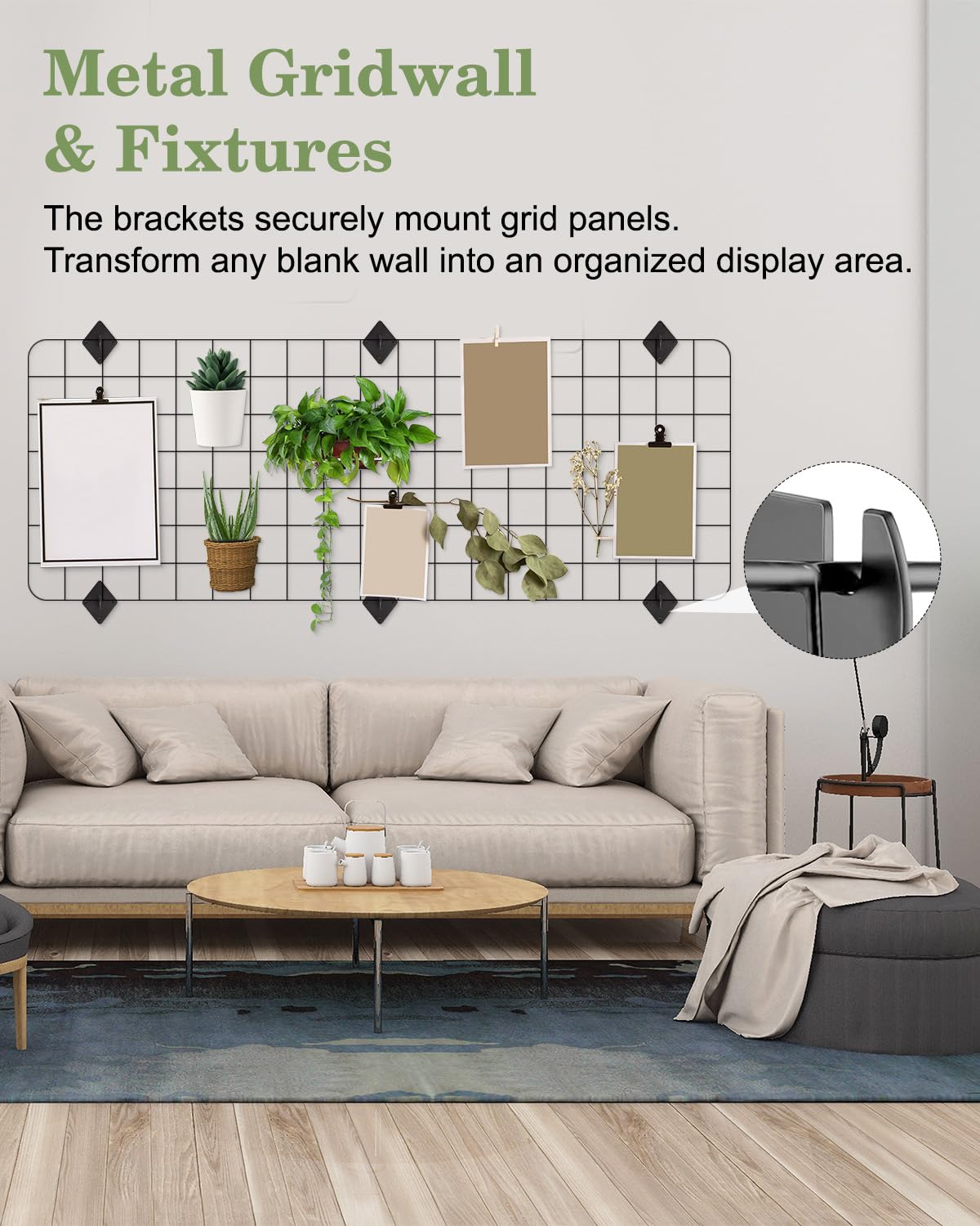 WENHUALI Gridwall Mount Brackets, 12 Pcs Grid Wall Accessory with Screws and 2 Pcs S Hooks for Wall Grid Panels, Perfect for Clothing Stores, Retail Displays, Home Wall Organization (Black)