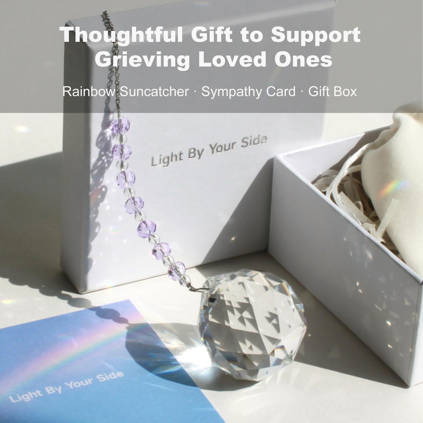 WOOWA Light by Your Side Sympathy Gifts for Loss of Loved One. Grief, Bereavement, Condolence, Sorry for Your Loss Gift. Crystal Rainbow Maker Suncatcher - Serene Lavender