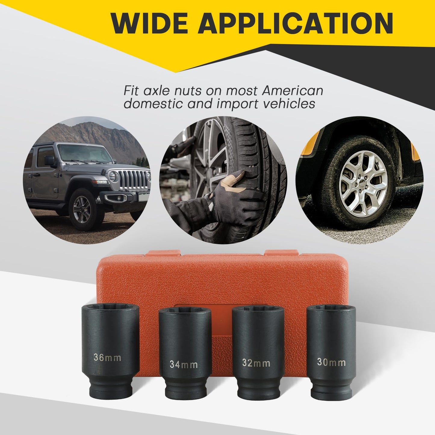 Acymner 1/2" Drive Deep Spindle Axle Nut Impact Socket | 4 PCS Metric Axle Nut Socket Set, CR-MO, 12 Point Design, 30,32,34,36mm, 1/2 Inch Heavy Duty Deep Impact Socket Set