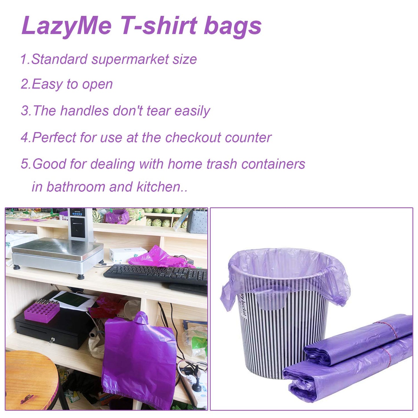 T Shirt Bags Plastic Grocery Bags with Handles in Bulk for Shopping and Restaurant, Bolsas De Plastico para Negocio, 12 x 20 Inch (Purple 200 Pcs)