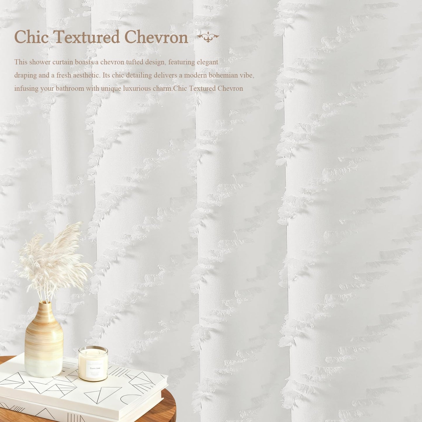 White Boho Farmhouse Shower Curtain Fabric for Bathroom-Hotel Spa Grade, Textured Polyester Waterproof Cloth Curtains-Includes 12 Double-Sided Hooks, 72x72 Inches