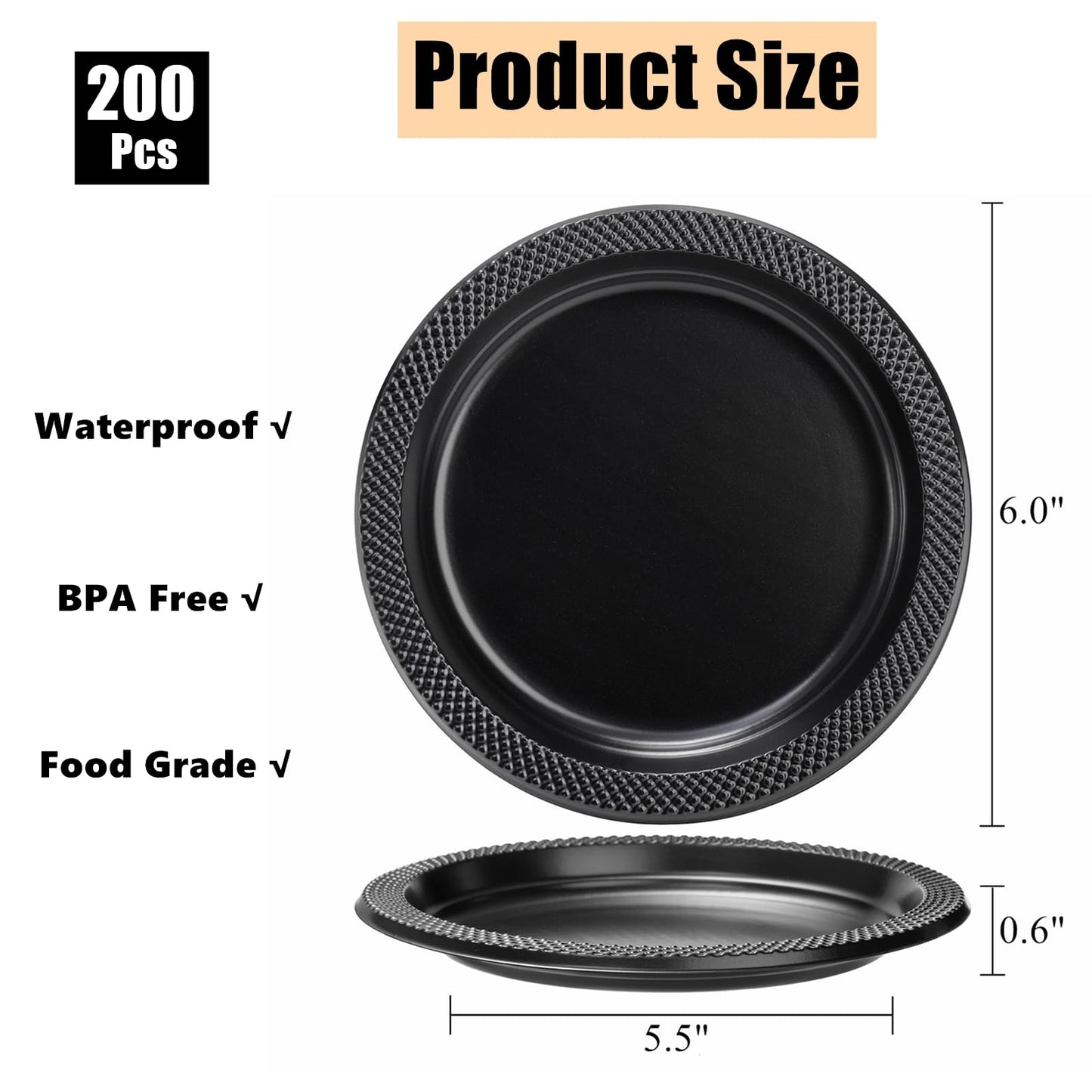 Cididu 200 Pcs Black Disposable Plastic Plates, 6.5 Inch Round Dessert Plates, Bulk Cake Plates Party Plates for Dinner Catering Birthday BBQ Wedding Travel Buffets, Light Weight Appetizer Supplies