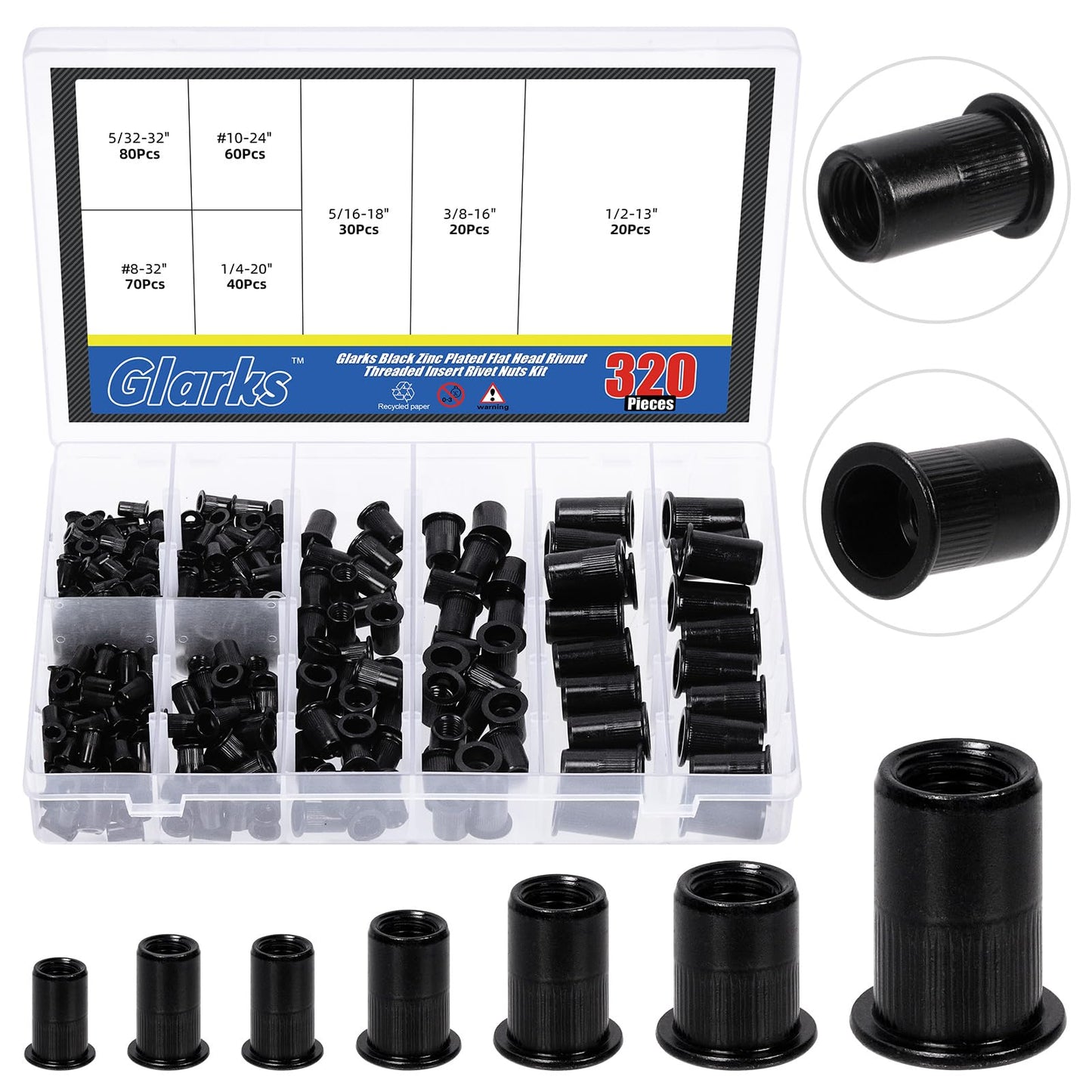 Glarks 320Pcs 5/32"-32UNC 8-32UNC 10-24UNC 1/4"-20UNC 5/16"-18UNC 3/8"-16UNC 1/2"-13UNC Rivet Nuts Kit Black Zinc Plated Carbon Steel Flat Head Rivnut Threaded Insert Rivet Nuts Assortment Set