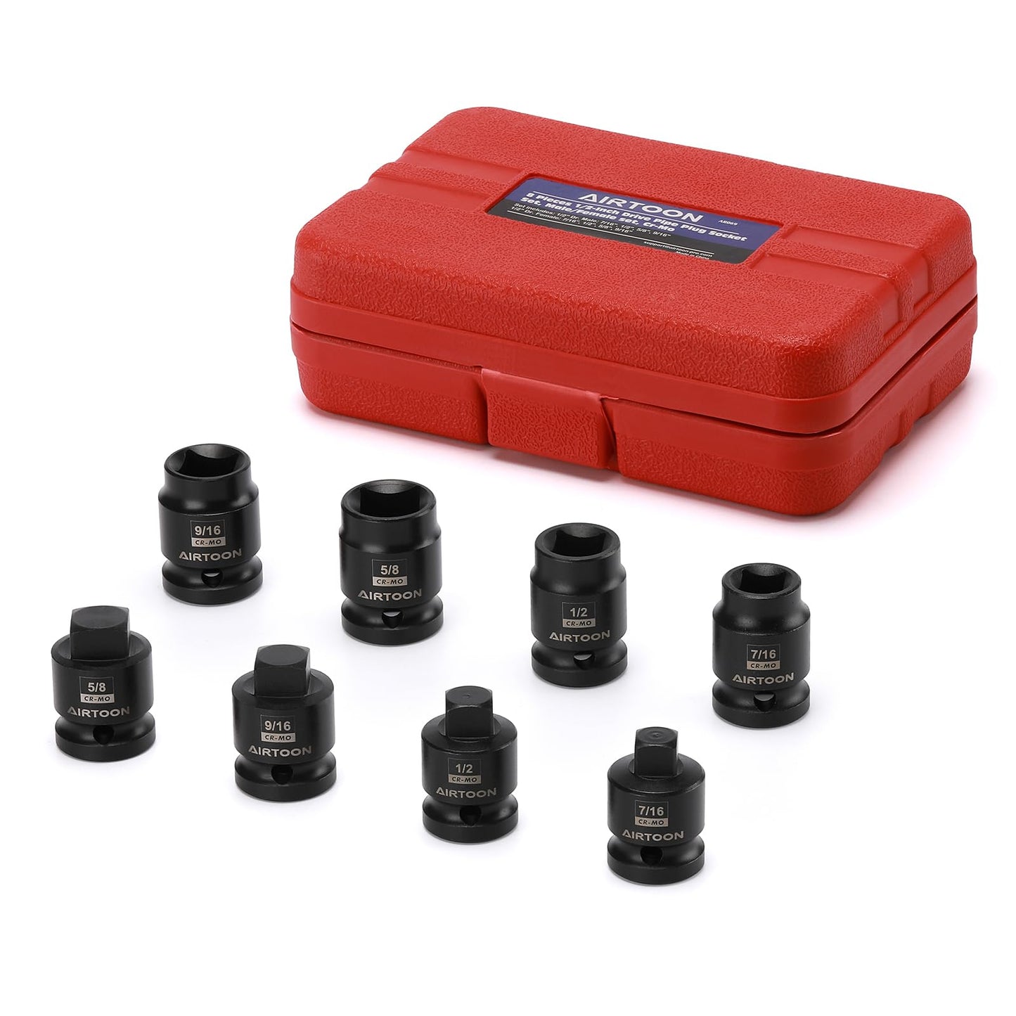 AIRTOON 1/2" Drive Pipe Plug Socket Set, 8-Piece, SAE, CR-MO, 7/16" - 5/8", Tapered Male Square Drive, Chamfered Female Square Drive