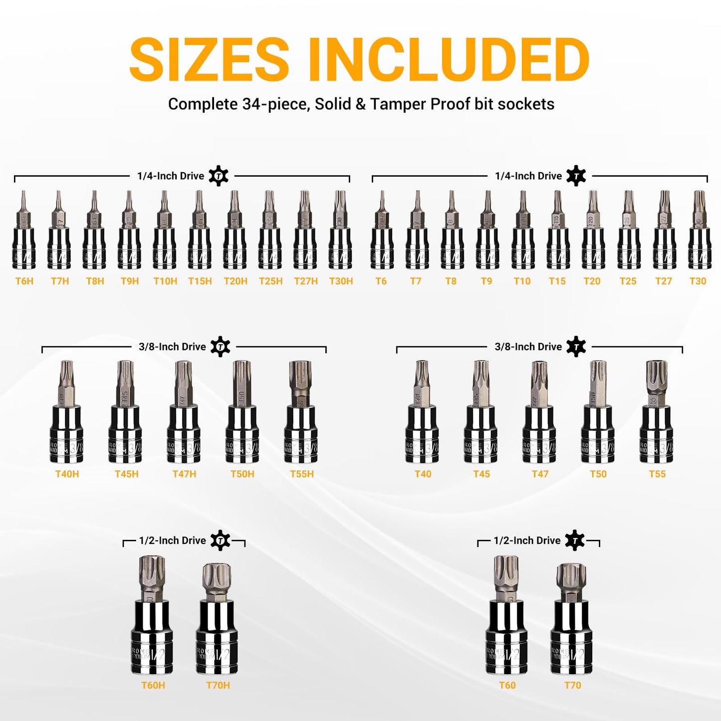 DEKOPRO 34PCS Torx Bit Socket Set, Star Bit Socket Set, Premium S2 Alloy Steel and Cr-V Steel, Solid Star & Tamper Proof T6 ~ T70, SAE Drive Bits with Storage Case