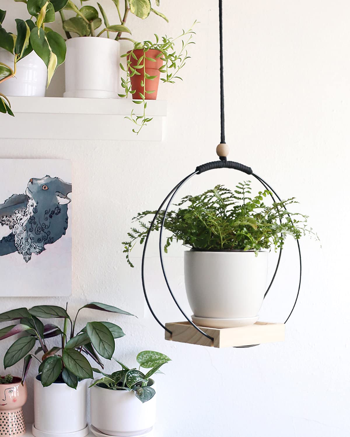 ABETREE Hanging Planter with Wood Base Modern Macrame Plant Hanger for Indoor Outdoor Wall Ceiling Window Boho Home Décor, Black(Planter/Plants Not Included)