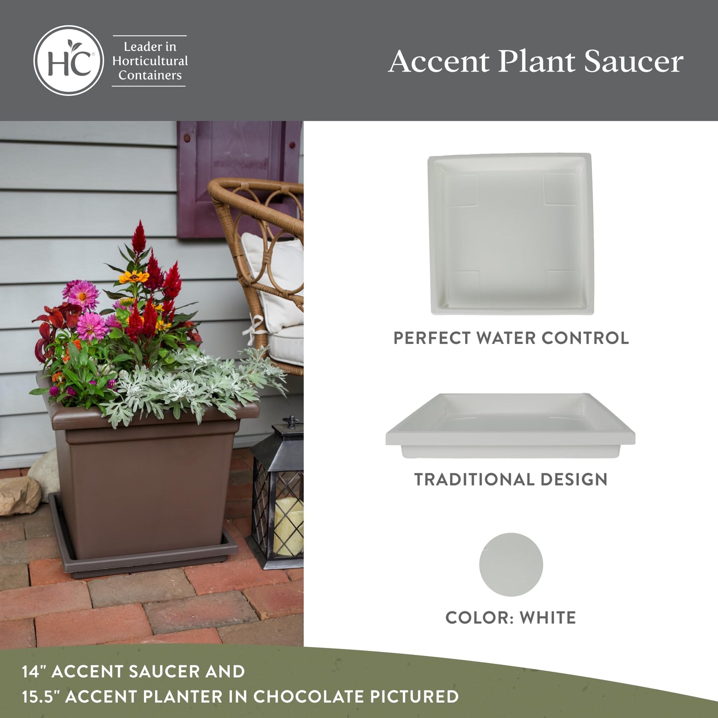 The HC Companies Accent Square Plant Saucer - Durable Plastic Trays For Plants - Stylish Square Tray For Water Drainage - UV Resistant Planter Saucer For Indoor And Outdoor Use (14”, White, Pack of 2)