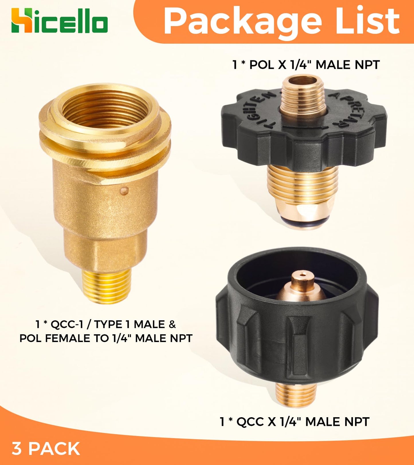 3pcs Solid Brass Replacement Propane Fittings: QCC1 Male, POL Male & Dual QCC1/POL to 1/4" NPT Male – for BBQ Grills, RVs, Camping Stoves & Heaters (Propane Use Only)