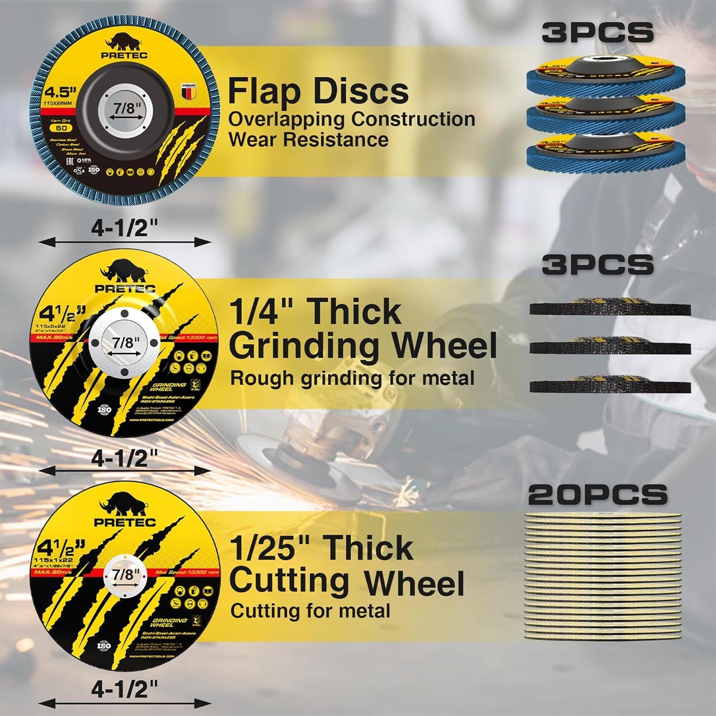 PRETEC Grinding & Cutting Wheels 4 1/2 inch Set, 20 Packs 4.5" Cut Off Wheels, 3 Packs 4.5" Grinding Wheels, 4.5" 40/60/80 Grit Flap Discs for Cutting Grinding Polishing