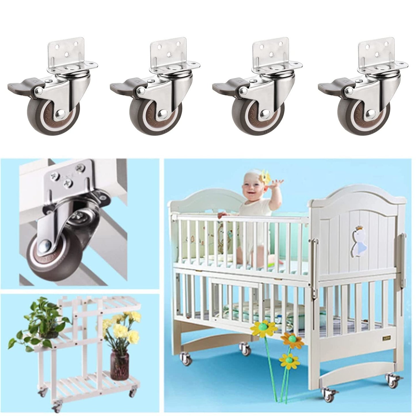MUDUO 4 Pack Side Mount Casters with Brake 2'' L Shape TPE Plate Casters Small Caster Wheels Furniture Casters 360 Degree Swivel Wheels for Table, Baby Bed, Carts Trolley, Cabinet