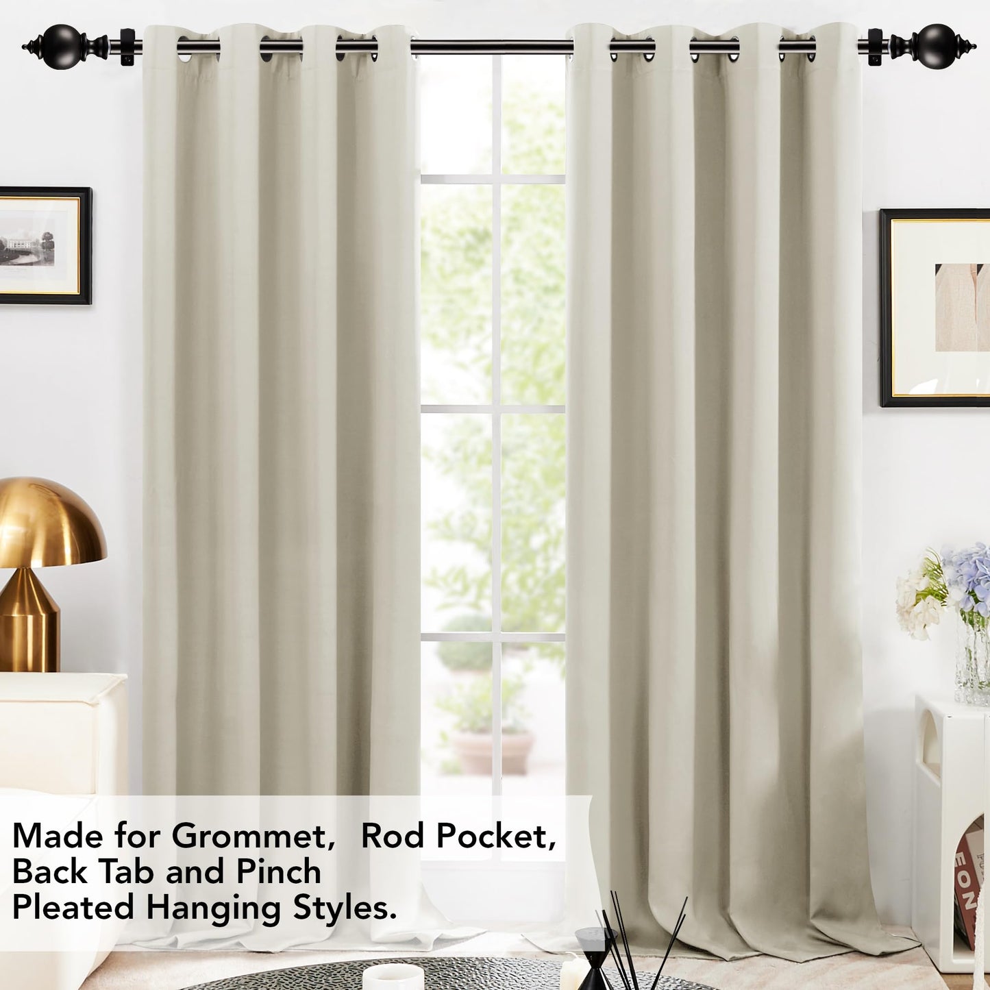Deconovo Black Curtain Rods for Windows 48 to 84 Inches, Adjustable Decorative Single Window Curtain Rod Set, Curtain Rods 3/4 Inch Diameter Steel Tube with Black Finials