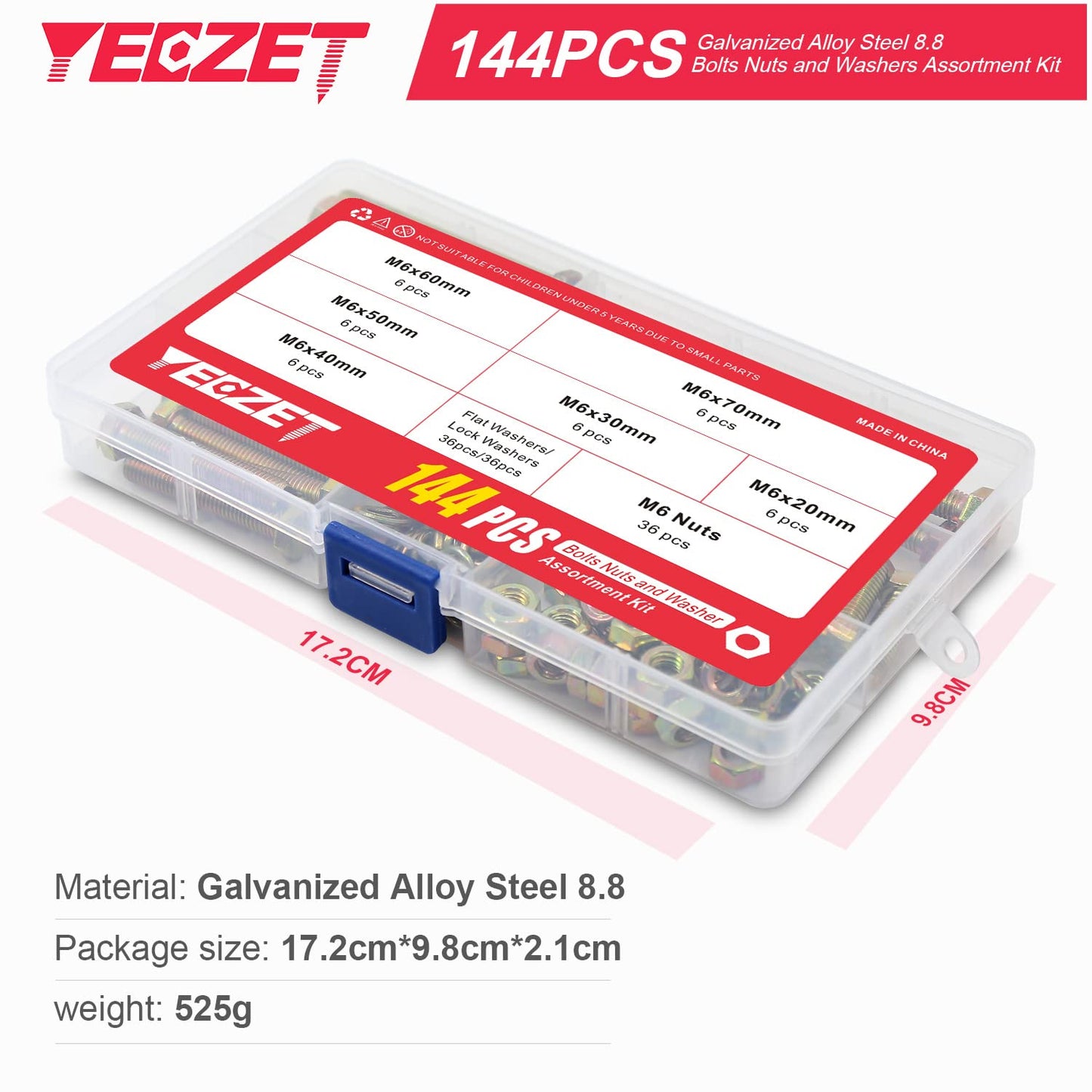 YEEZET 144Pcs Grade 8.8 M6 Hex Head Screws Bolts and Nuts Flat & Lock Washers Assortment Kit 20mm 30mm 40mm 50mm 60mm 70mm