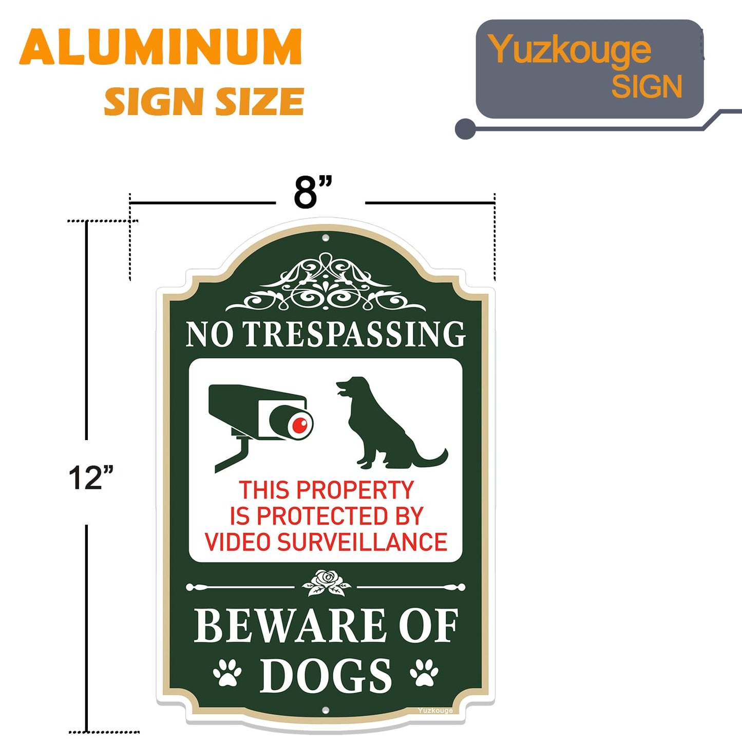 Yuzkouge No Trespassing Beware of Dogs Sign - 2 Pack, 12” x 8” Rust Free Aluminum Private Property Sign, Weatherproof, Fade Resistant, Easy Mounting.