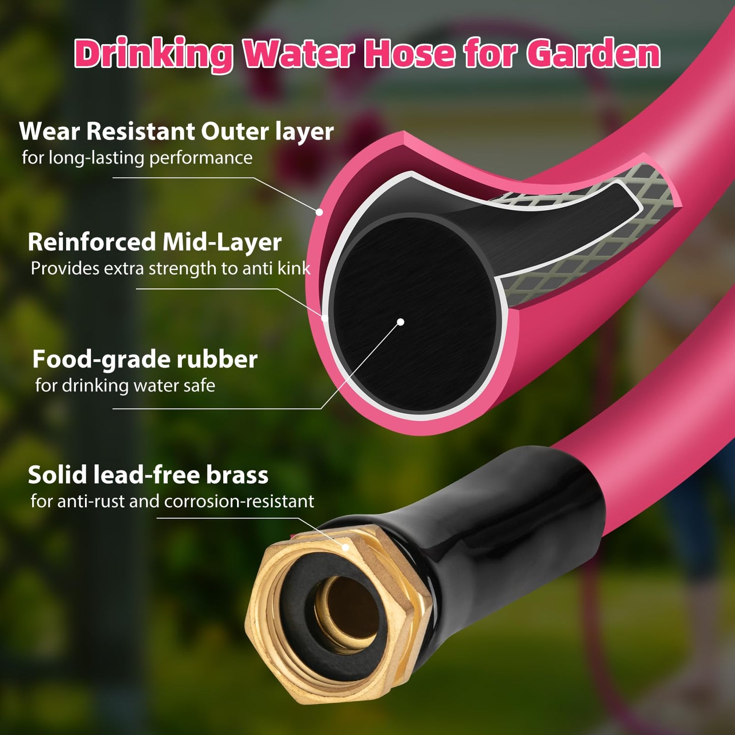 WELLUCK Garden Hose Heavy Duty Durable Anti Kink Flexible Garden Water Hose for Drinking Water Safe BPA Free, All-Weather Lightweight Water Hose for Garden RV Camper Marine (10FT)