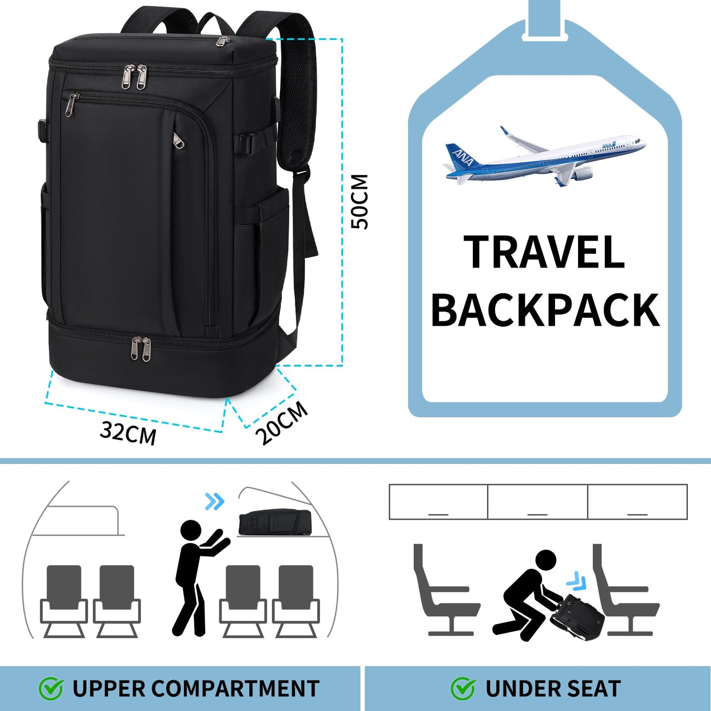 Travel Backpack 15.6 Inch Laptop Backpack for Men and Women Anti Theft Carry On Backpack Flight Approved Computer Backpack with USB Charging Port Large Waterproof Backpacks for Work School, Black