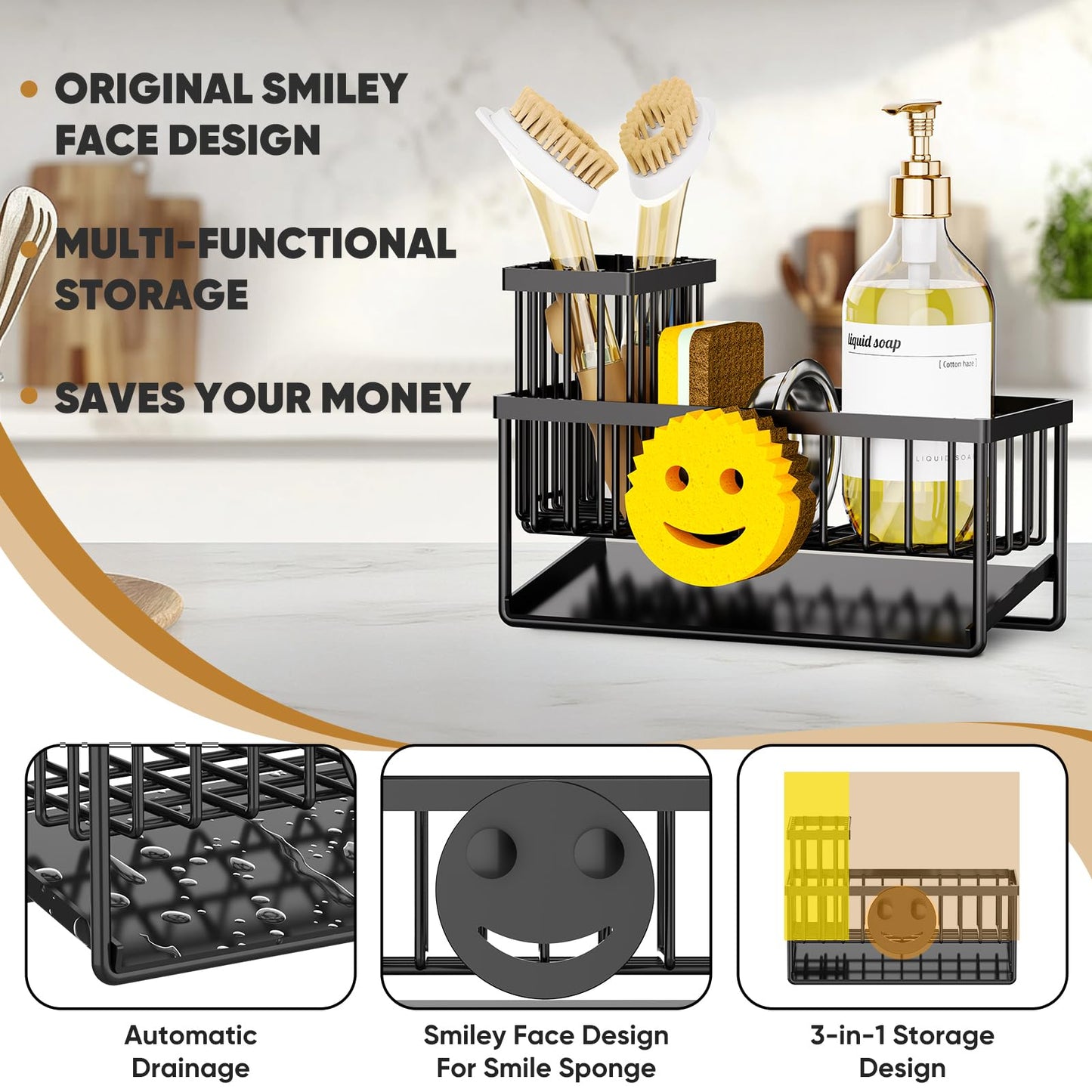 Sponge Holder for Kitchen Sink,Smiley Face Sink Caddy with Removable Brush Holder,Self-Draining Sponge Caddy for Soap,Dish Brush,Scrubber,Kitchen Essentials and Gadgets Essentials and Gadgets