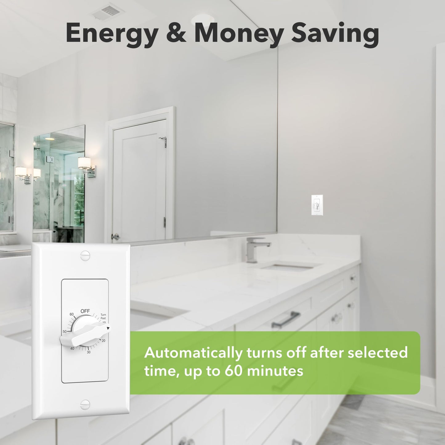 BN-LINK Heavy Duty 60-Minute in-Wall Spring Wound Countdown Timer Switch for Lights, Mechanical Switch Timer for Bathroom Exhaust Fan, No Neutral Wire Required, 2 Wall Plate(White and Silver Metallic)