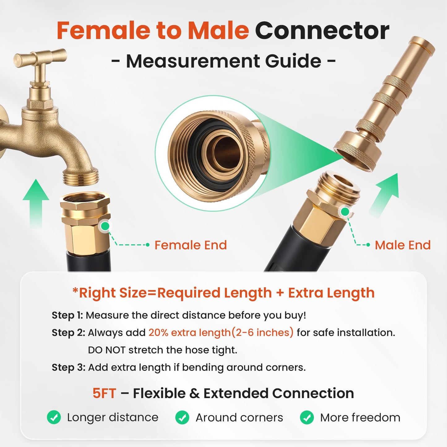 Cesun Metal Garden 5FT, Short Connector, Water Lead-in Hose Extension, Extremely Flexible, for Hose Reel/RV/Dehumidifier, Lightweight/Durable/Drinking Water Safe, Female to Male