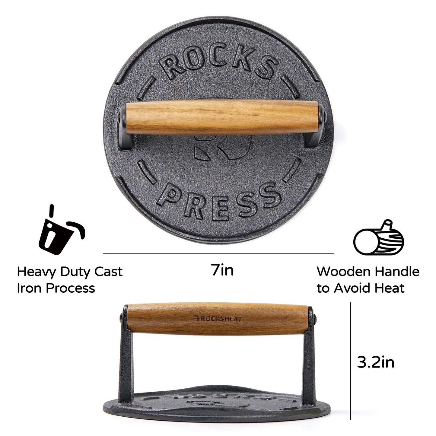 7 Inch Bacon Press, Heavy Duty Cast Iron Grill Press, 2.5 lbs Round Smash Burger Press with Wood Handle & Raised Edge, Food-Grade Griddle Press for Hamburger Bacon Seared Steak Sandwiches and Panini