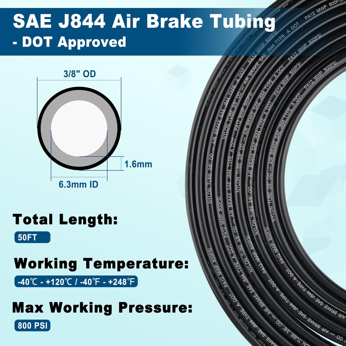Boeray 50FT 3/8 DOT Air Line SAE J844 PA12 Nylon Air Hose with Cutter 3/8” OD Pneumatic Tubing DOT Approved 3/8 Air Brake Hose for Air Suspension Kit Truck Trailer Brake System & Fluid Transfer 15.5m