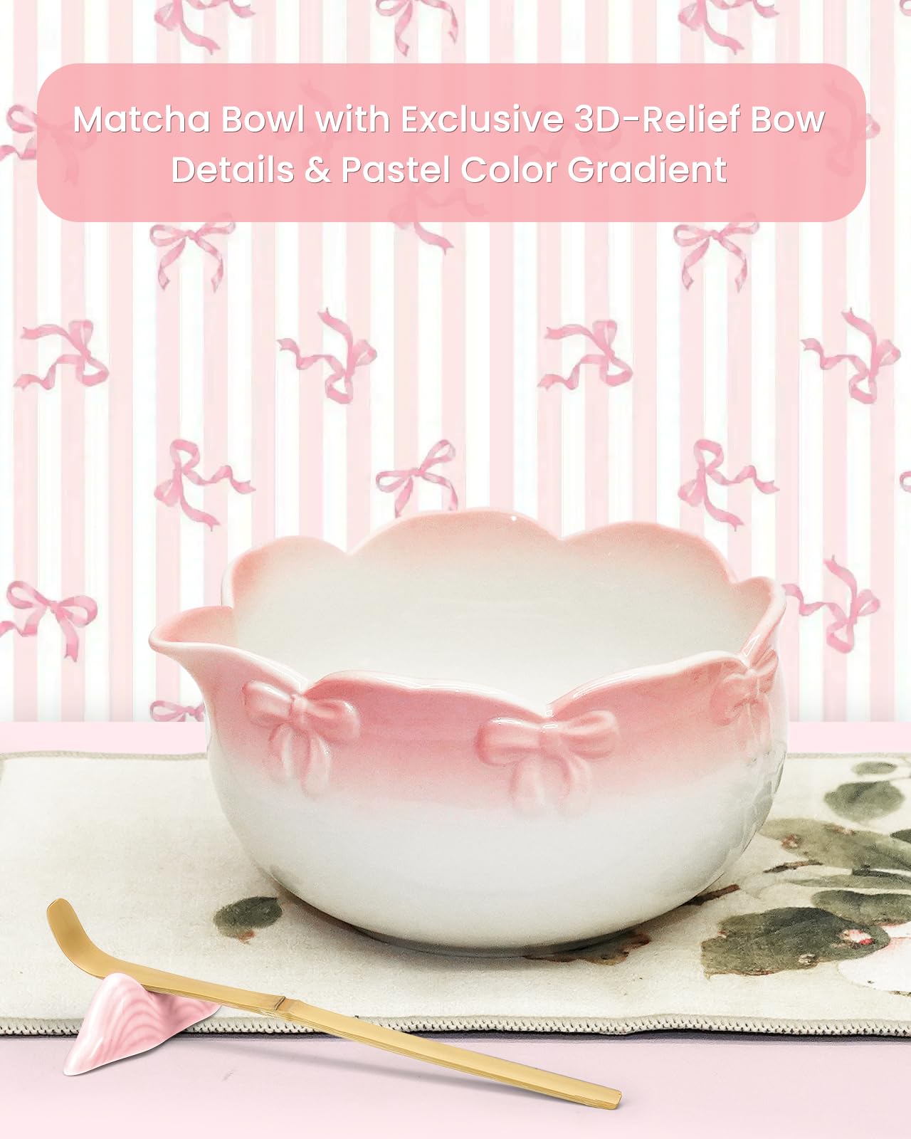 RoaGain Matcha Set, 7 Pcs Matcha Whisk Set, Pink 3D Bowknot Embellished Matcha Kit for Ceremony, Tradition Tea Set for Making Latte, Matcha Whisk Set with Bowl with spout,Gift for Tea Lovers