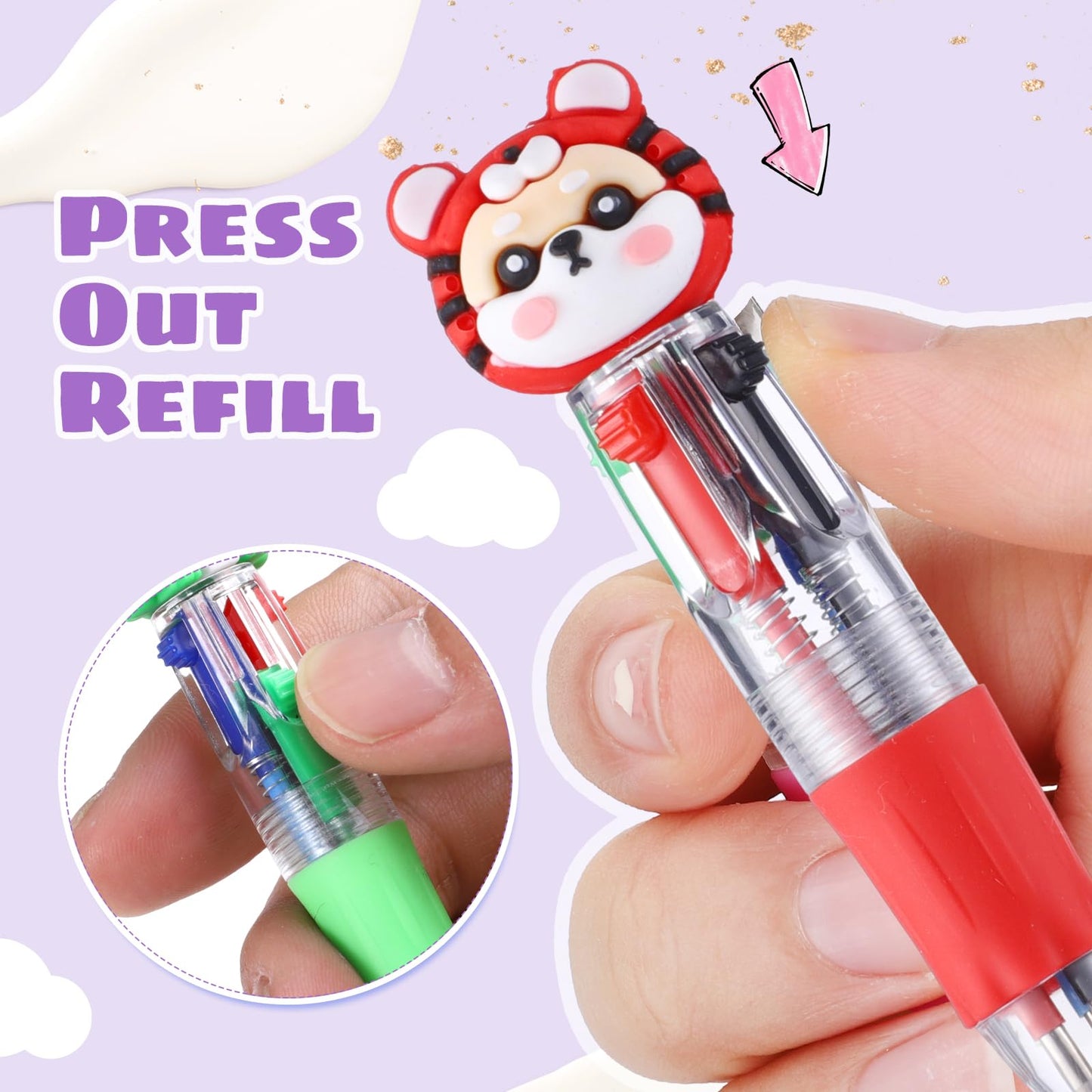 48 Pack Multicolor Pen in One Animal Party Favors 4-in-1 Fun Pens Cute Pens Retractable Mini Ballpoint Pen for Classroom Gifts Birthday Gifts Teacher and School Supplies
