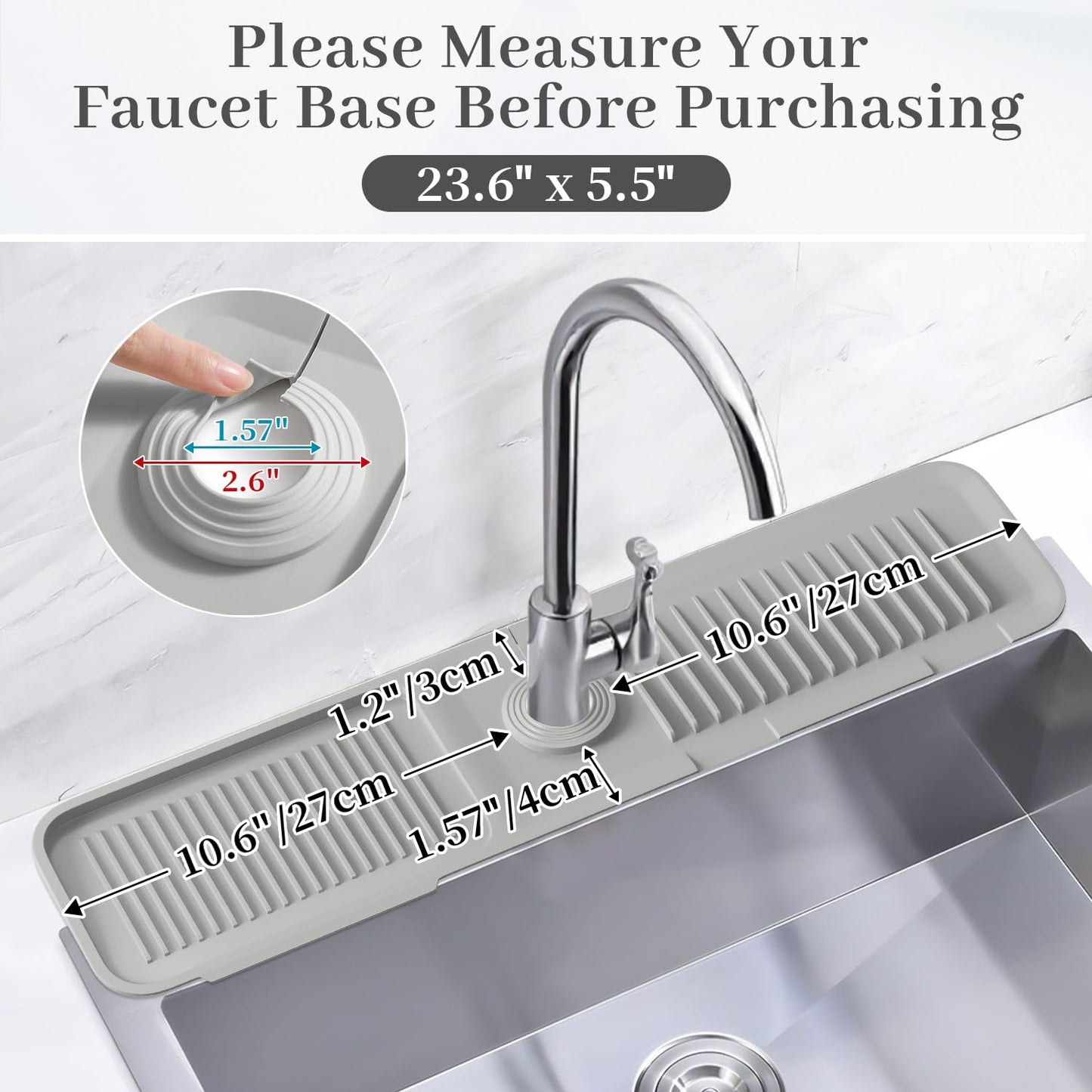 PoYang 24 inch Kitchen Sink Splash Guard, Silicone Draining Mat for Sink Longer Silicone Faucet Drainer Pad, Sink Protector for Kitchen Sink Mat, Sponge Holder for Kitchen Sink Accessories, Light Grey