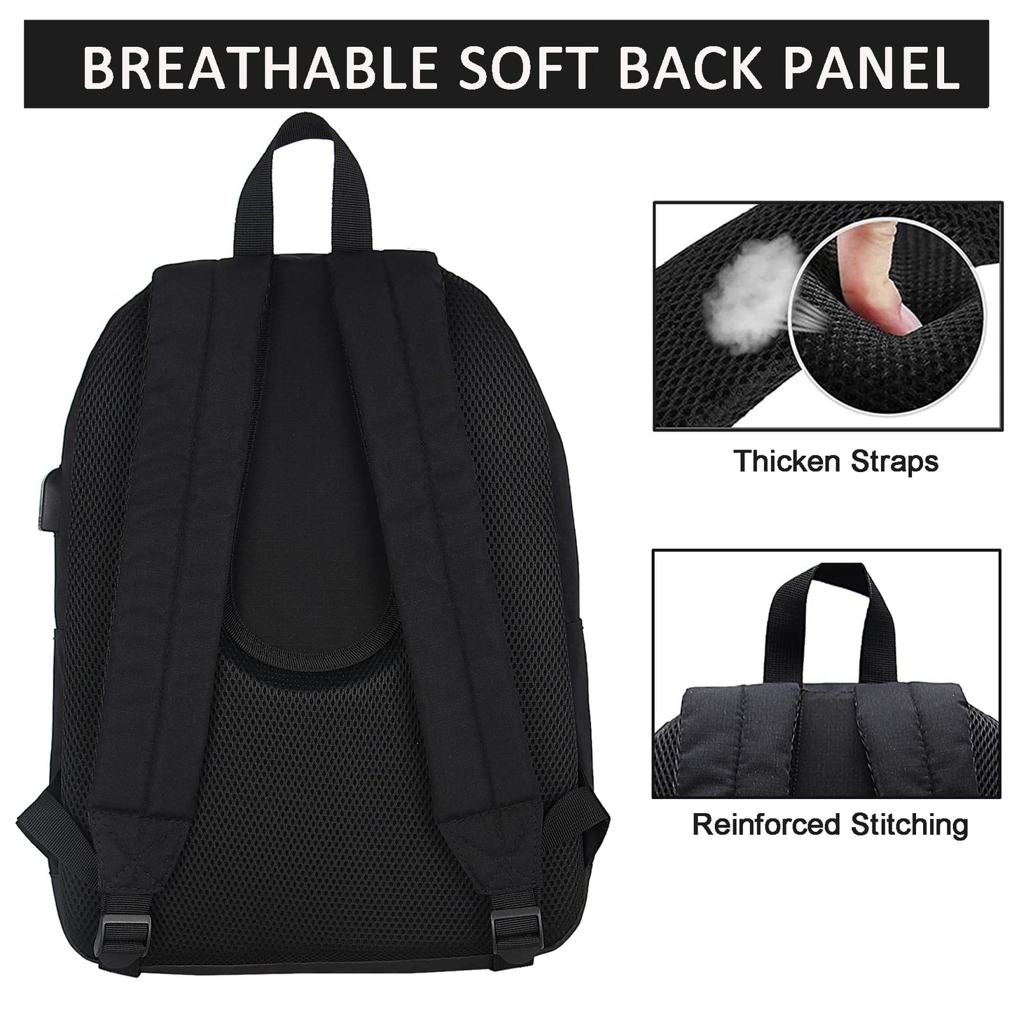 SUPACOOL Casual Laptop Backpack with USB Charging Port for Men and Women, School Bookbag for College, Lightweight Pack Back(Dark Black)