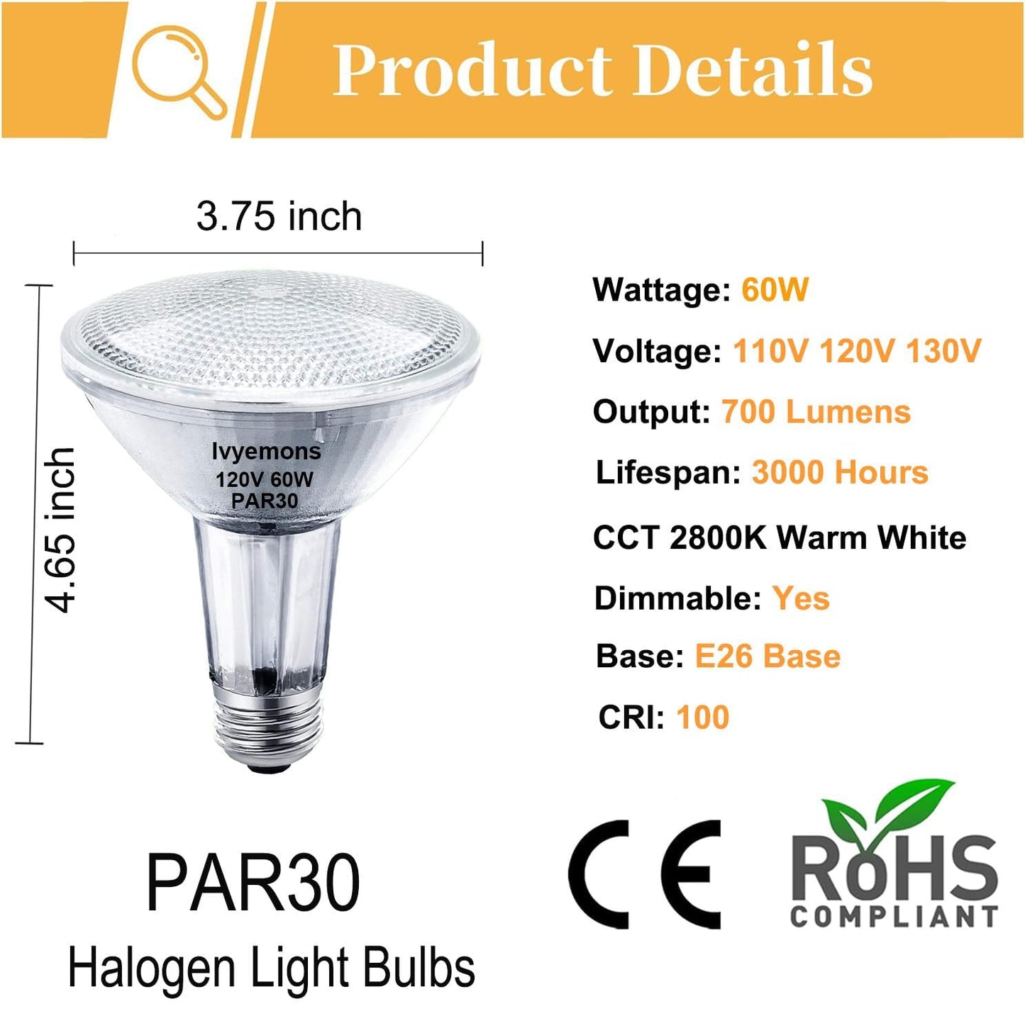 Ivyemons PAR30 Long Neck Halogen 60W 120V - 2 Pack PAR 30 Flood Light Bulbs E26 Base, 60W PAR30 Dimmable 2800K Warm White, Long Lasting PAR30 Halogen Bulb for Tracking Light, Recessed Light