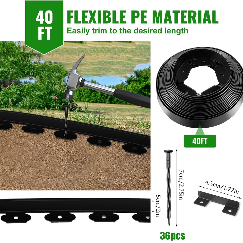 40 FT Landscape Edging No Dig, 2 in.Tall Garden Edging Border with 33 Anchoring Spikes and 1 PCS Connectors for Landscaping Garden, Flower Beds, and Lawn