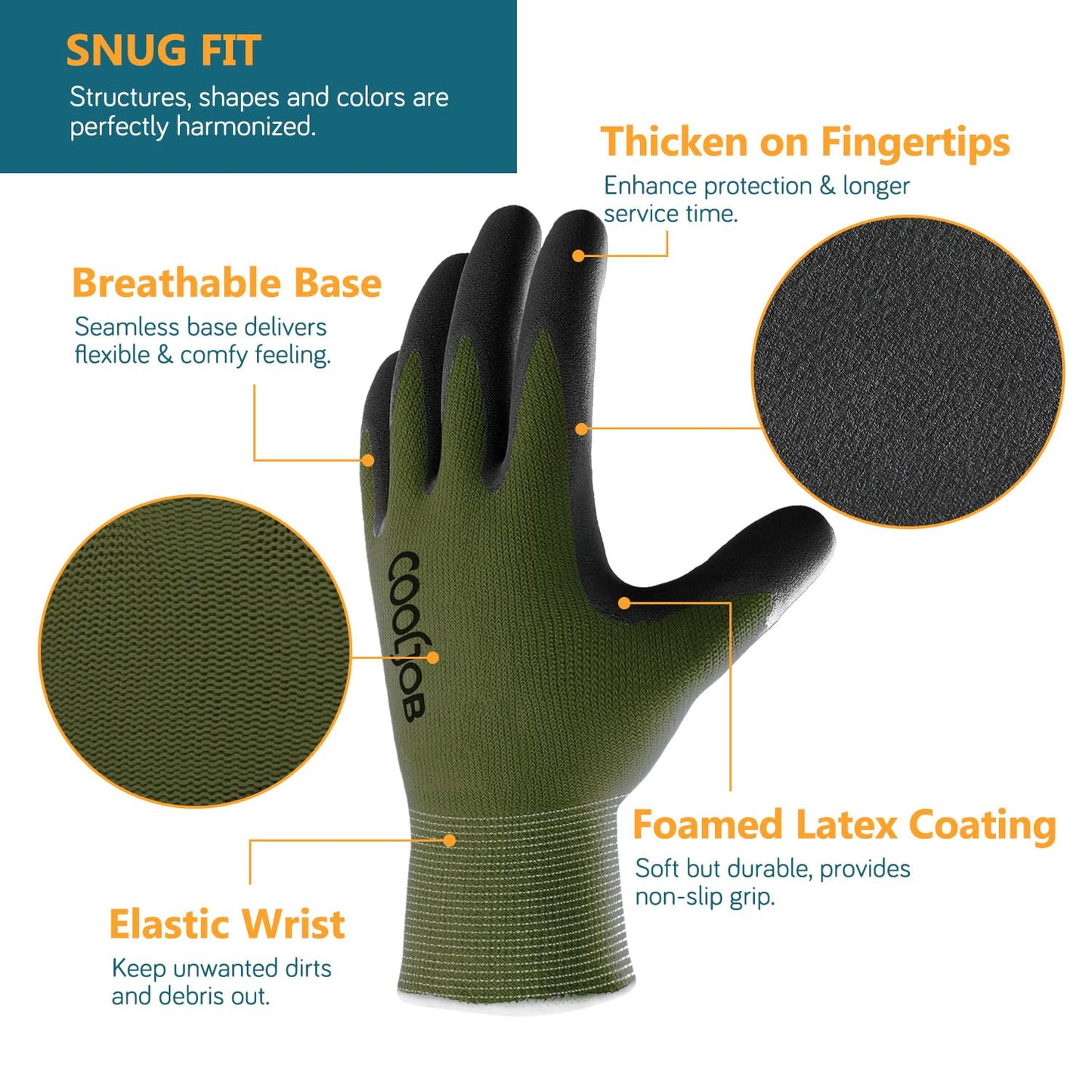 COOLJOB Gardening Gloves for Men, 6 Pairs Breathable Rubber Coated Garden Gloves, Work Gloves for Men, Men’s Large Size Fits Most, Black & Green (Half Dozen L)