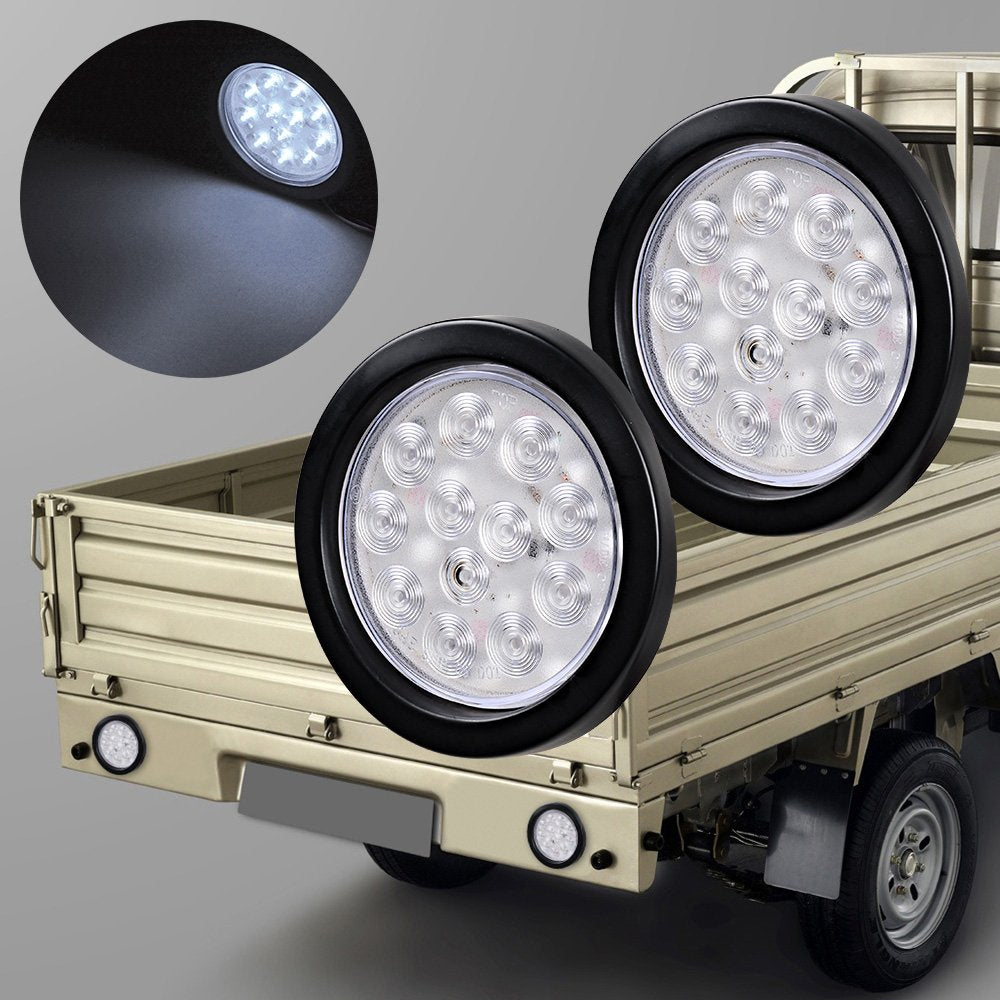 Astra Depot 2X Clear Lens White 12 LED 4" Round Back-up Reverse Light Grommet Plug Kit Truck Trailer RV