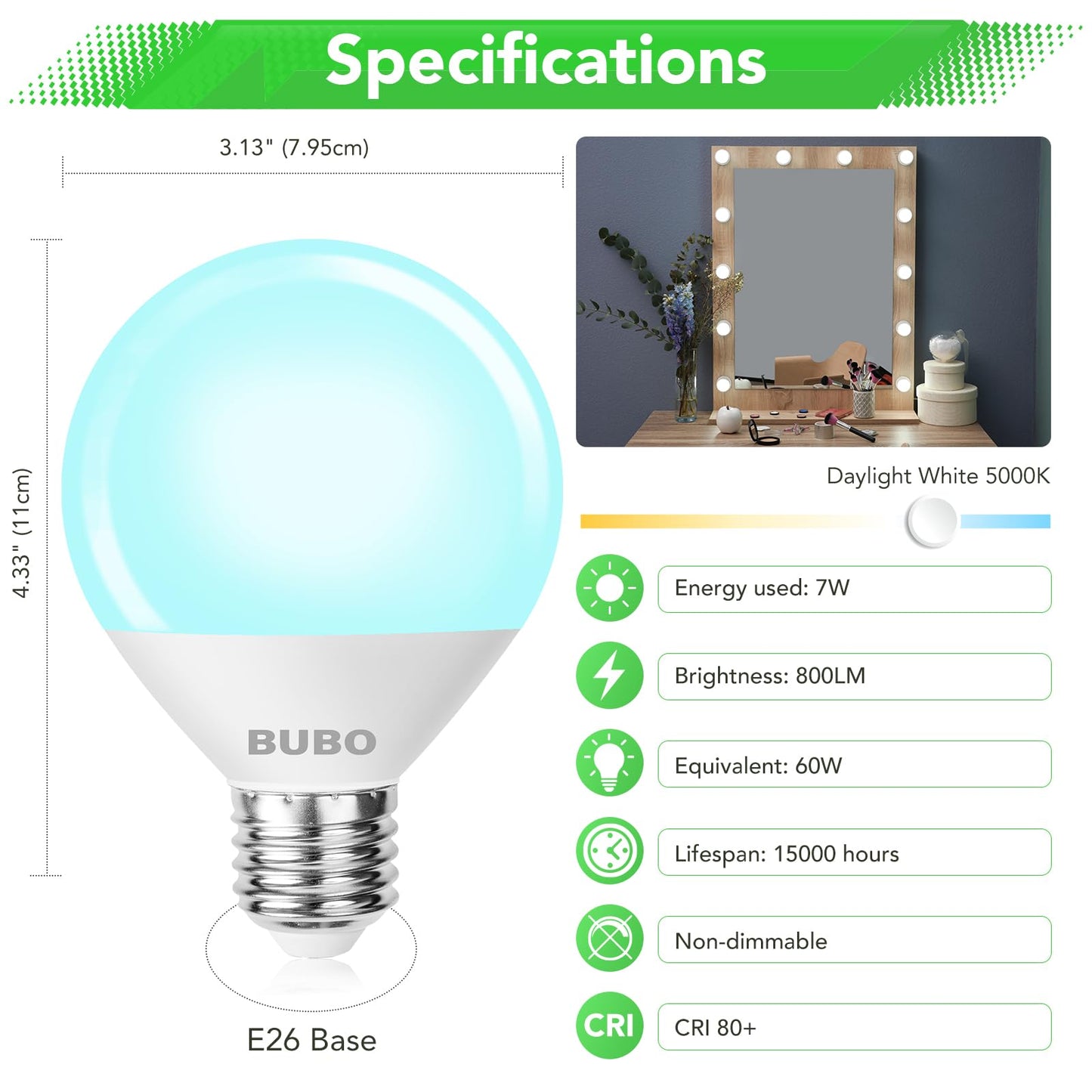 BUBO Vanity Light Bulbs 60 Watt Equivalent, Bathroom Light Bulbs Daylight White 5000K, G25 Globe Round Bulb 800 Lumens, E26 Medium Base, 7W, Non-Dimmable, 8 Pack