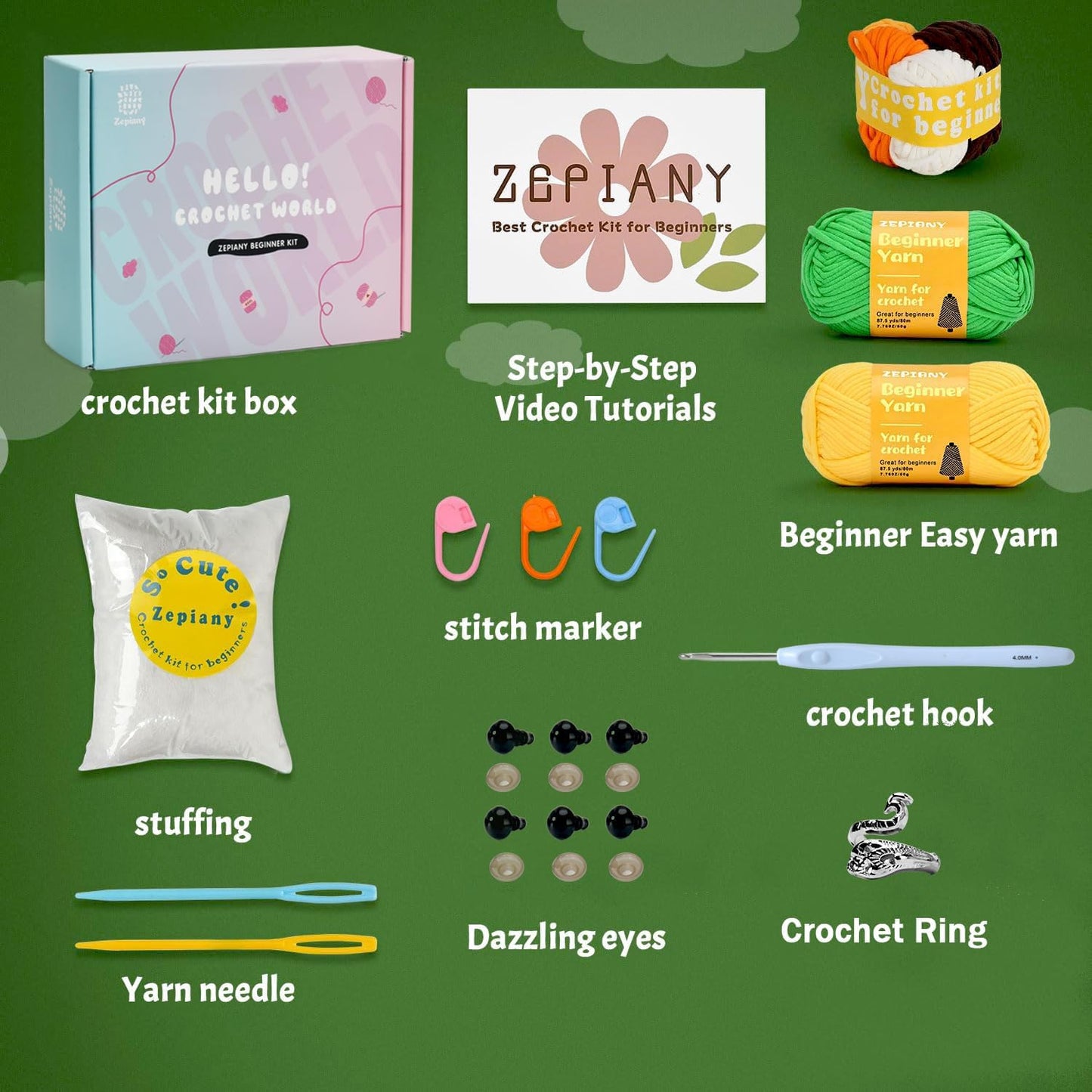 Crochet Kit for Beginners, Crochet Starter Kits for Adults Amigurumi Craft Knitting Crochet Kits with Step-by-Step Video Tutorials, Beginner Friendly Yarn-Dinosaur-Chick-Bee