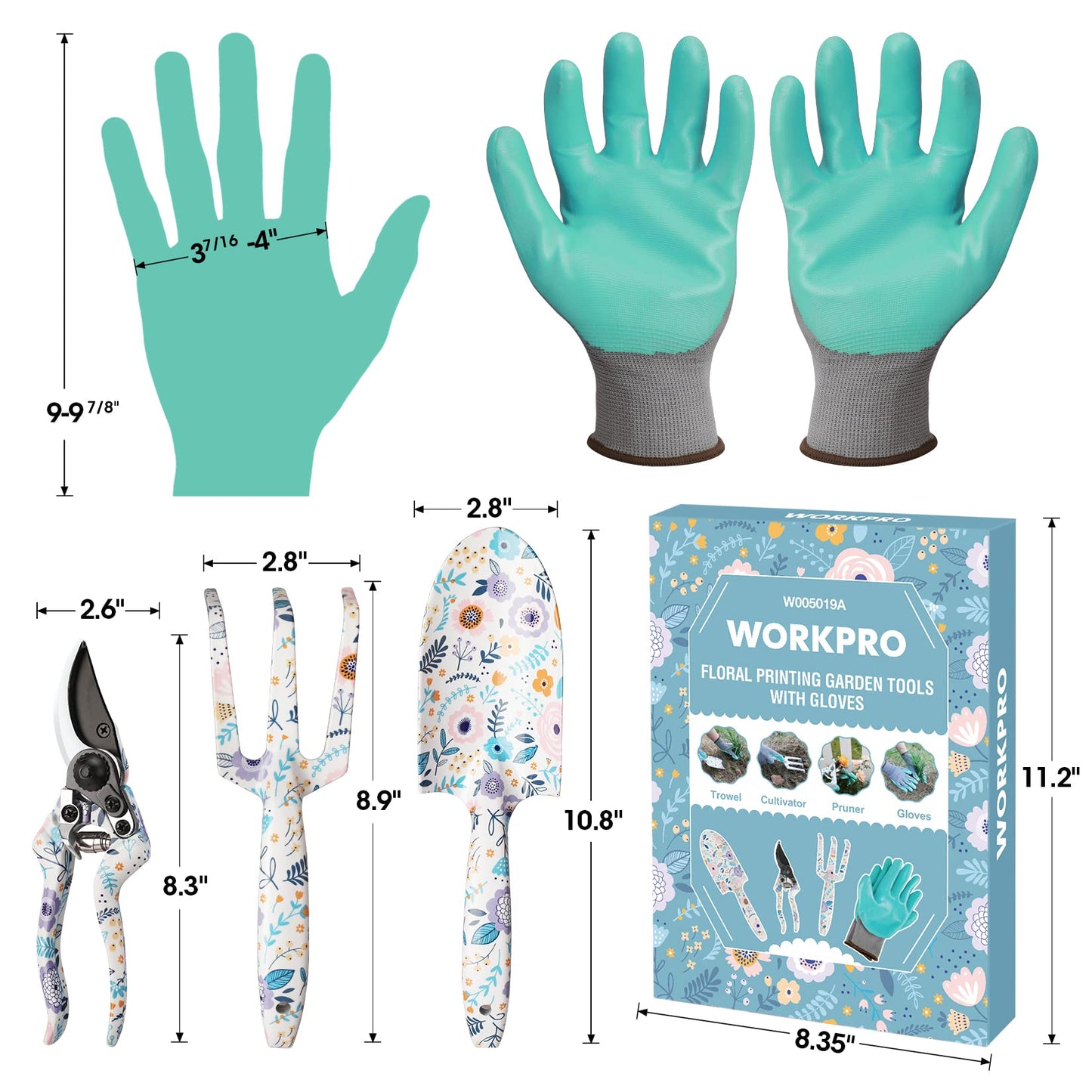 WORKPRO Aluminum Garden Tool Set – 4PCS Heavy Duty Hand Garden Tools, Includes Garden Gloves, Trowel, Cultivator & Pruner for Gardening, Planting & Landscaping, Garden Gifts for Women