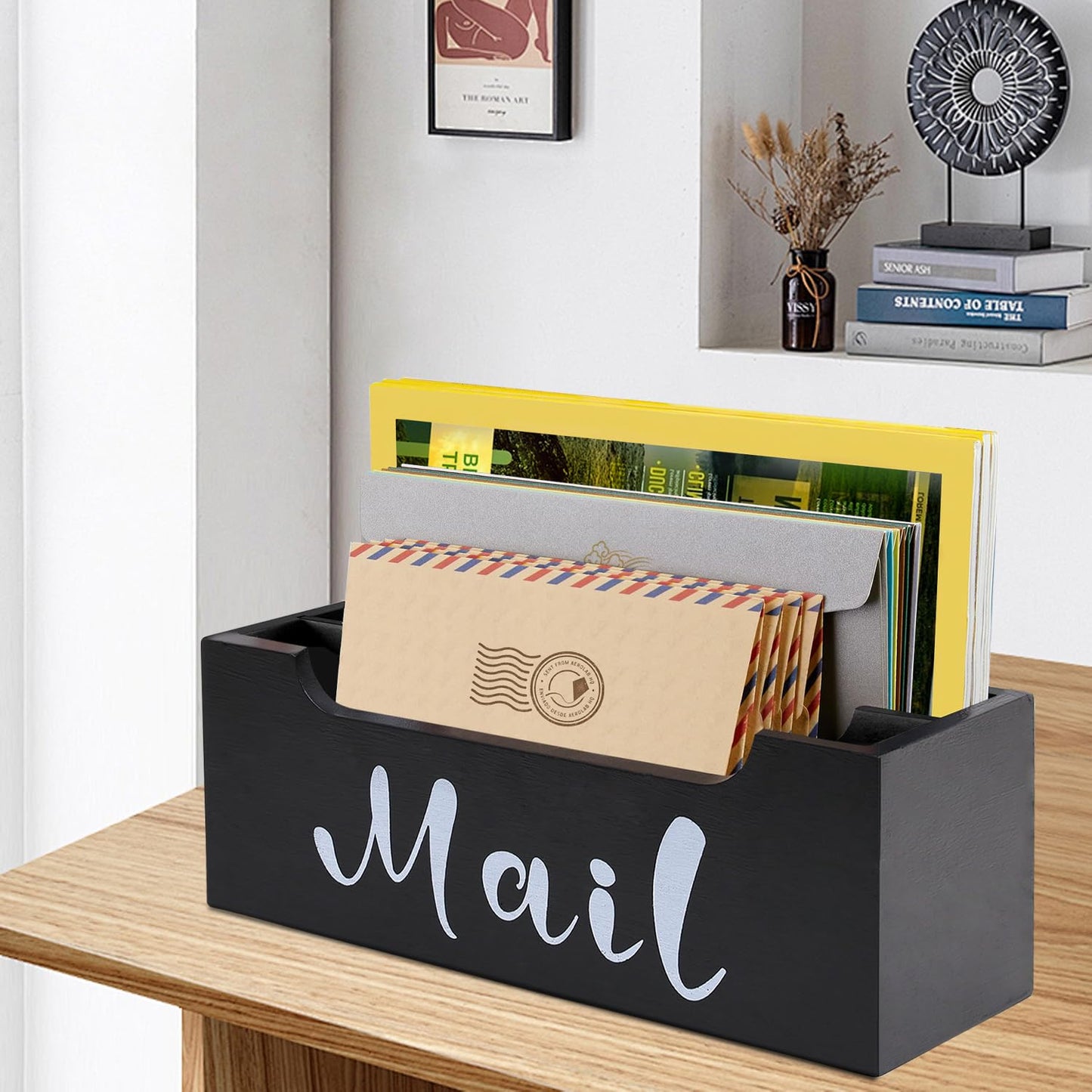 ZBBCTUS Mail Organizer Wall Mounted with 2 Slots & Removable Grids, Black Mail Sorter Basket, Wood Desk Mail Holder Countertop Hanging for Home Office Decor
