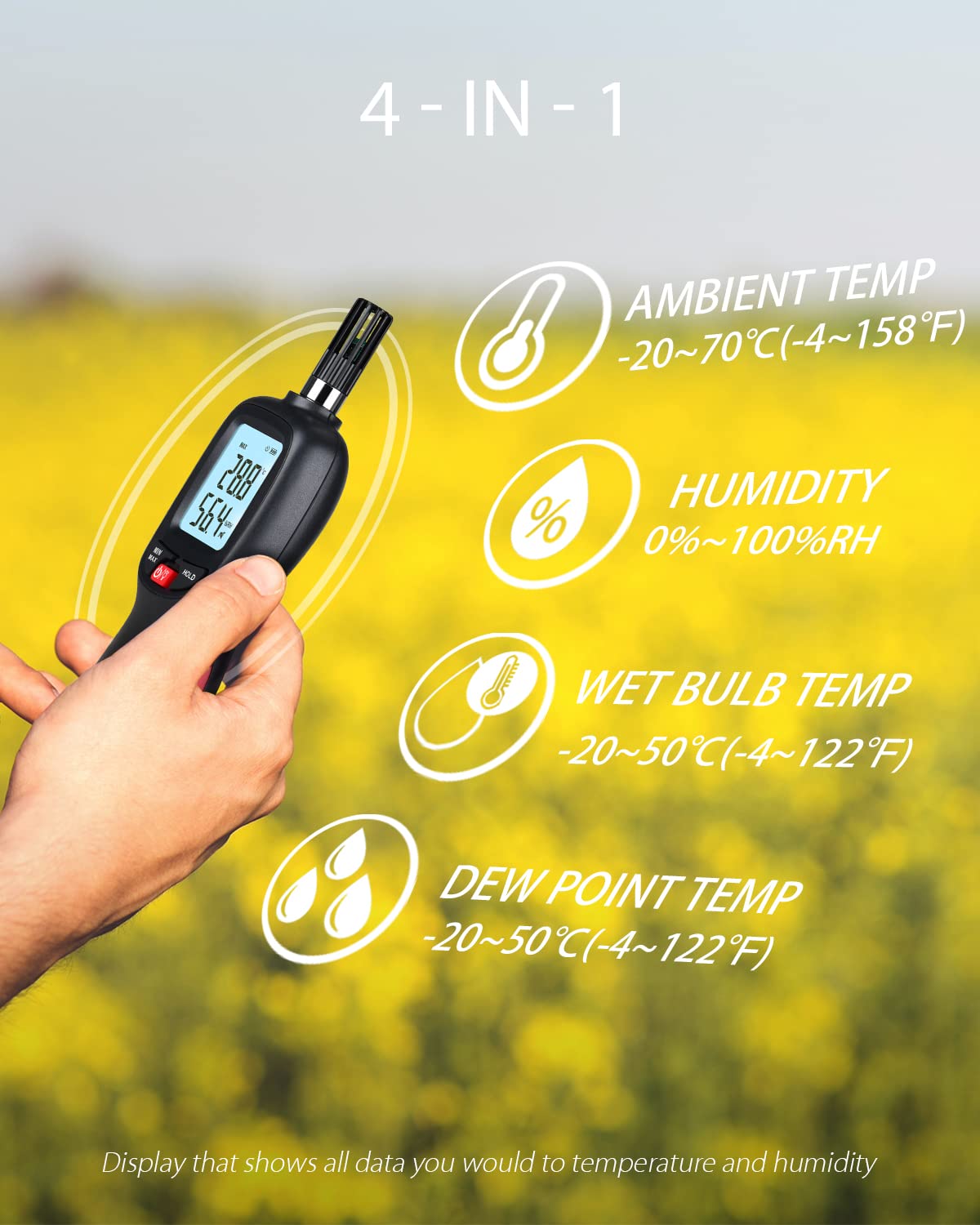 Wintact Digital Psychrometer Thermometer Hygrometer with Backlight Thermo hygro Meter, Dew Point and Wet Bulb Temperature with Max min Value, Data Hold, Battery Included