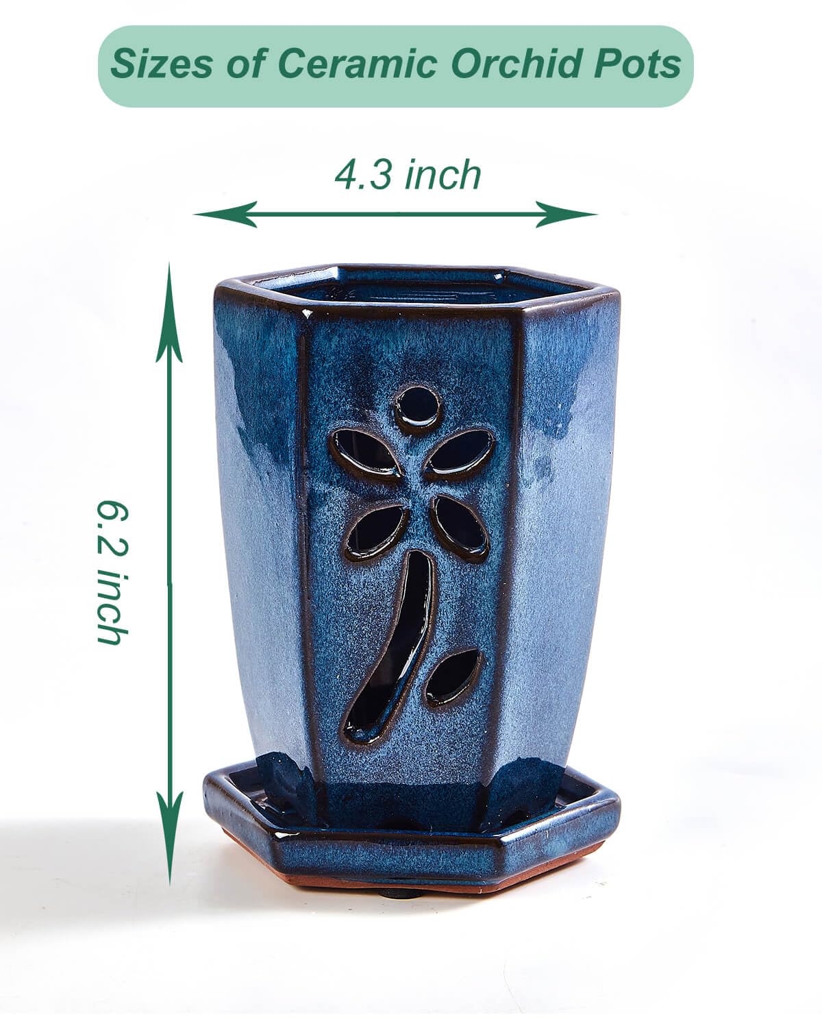 Vensovo 4 Inch Ceramic Orchid Pot with Holes and Saucer, 1 Pc Small Hexagon Succulent Planter for Repotting, Garden Flowerpot for Indoor Outdoor Plants, Promotes Air Circulation (Blue)