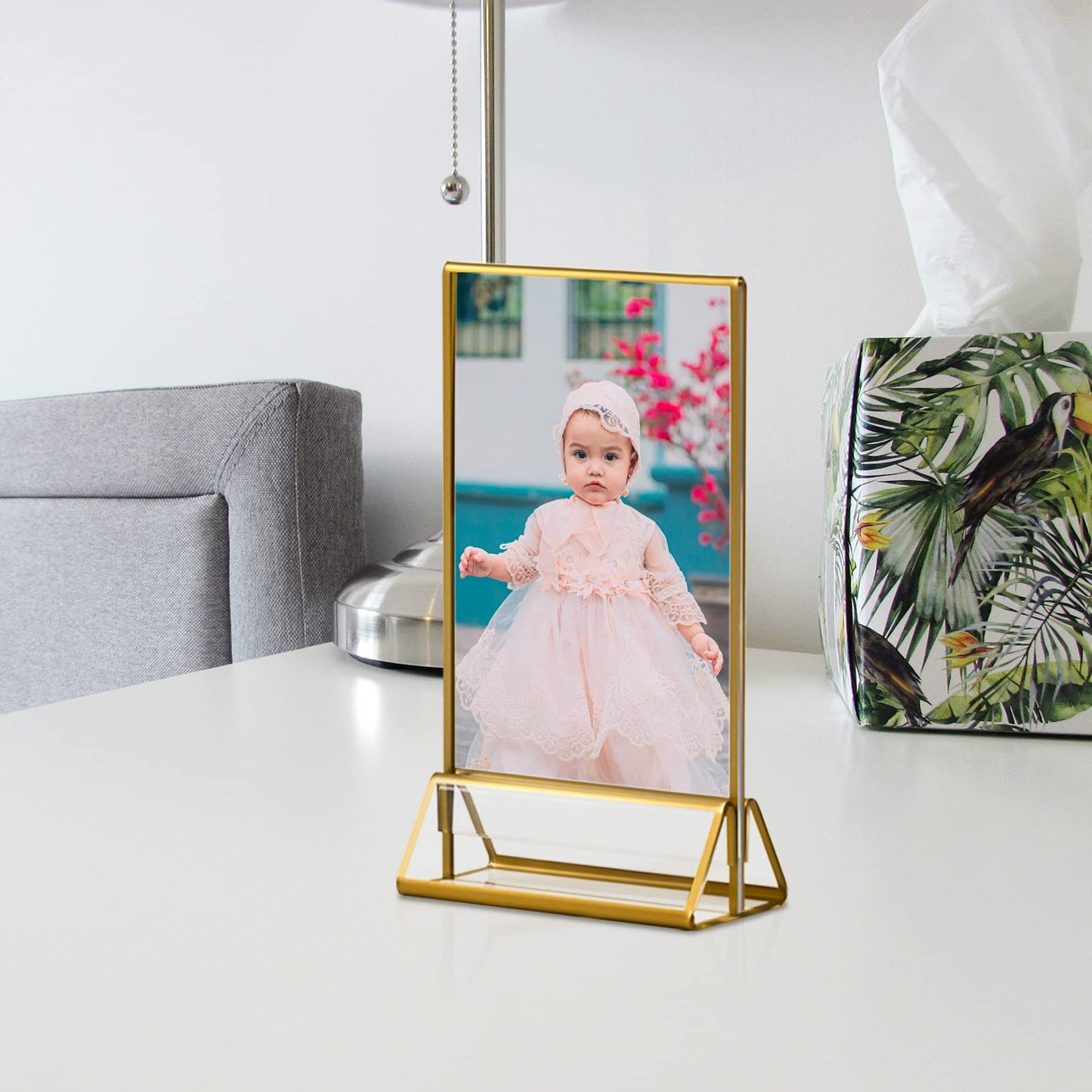 Acrylic Gold Sign Holders, 5x7 Vertical Clear Picture Frames with Gold Borders, Double Sided Table Menu Display Stand for Restaurant Signs, Wedding Table Numbers, Photos and Art Display - 6 Pack